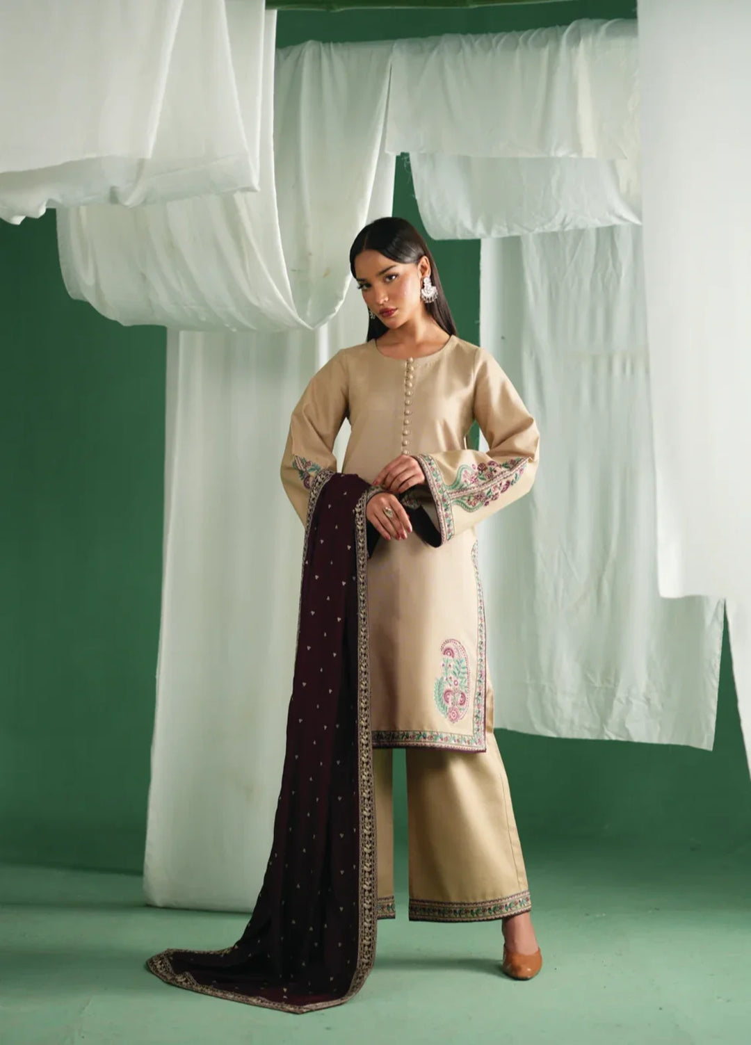 Winter Weave by Jahaan RTW Embroidered Khaddar 3 Piece Suit Mist Casual Collection