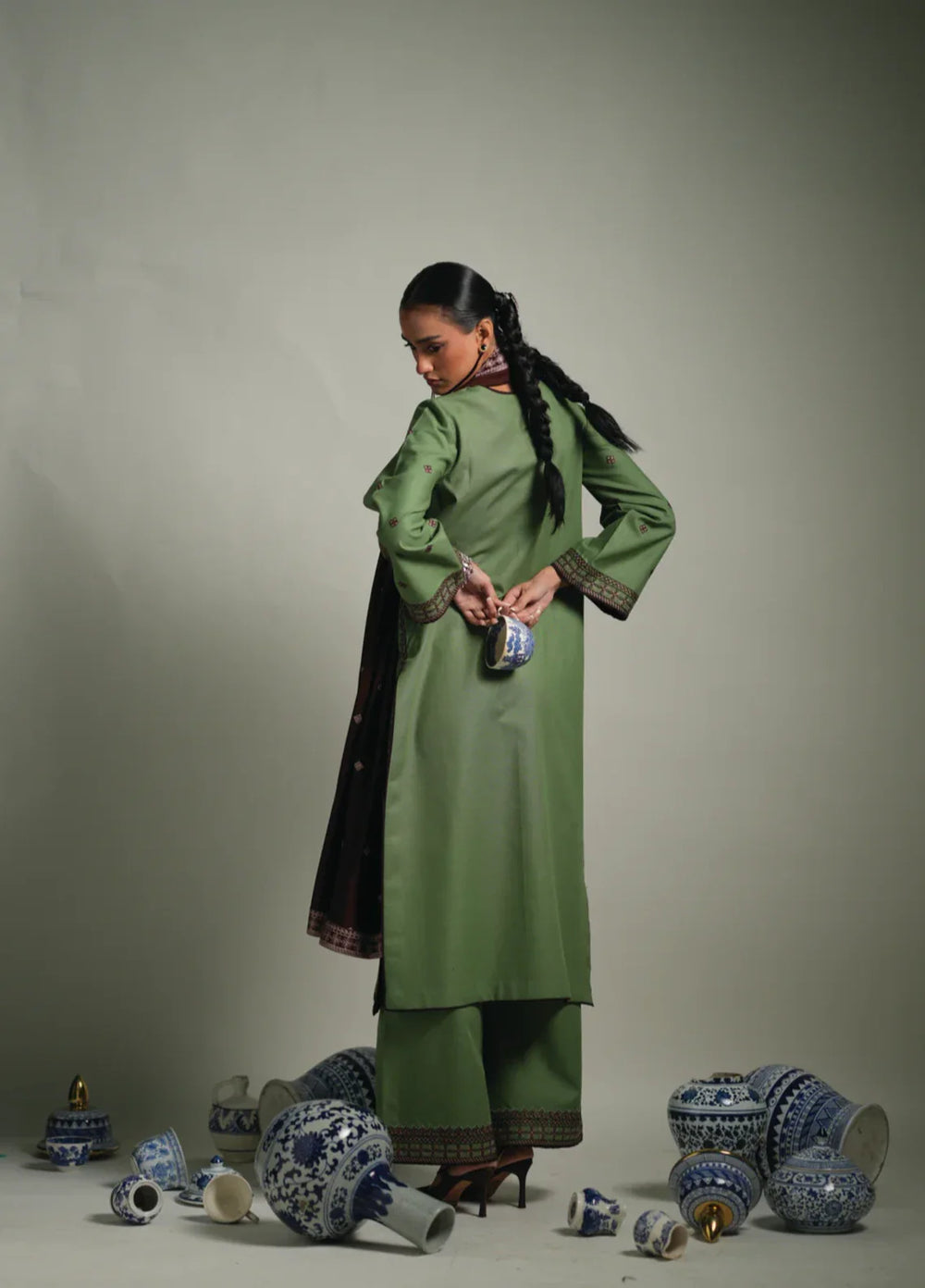 Winter Weave by Jahaan RTW Embroidered Khaddar 3 Piece Suit Sage Casual Collection