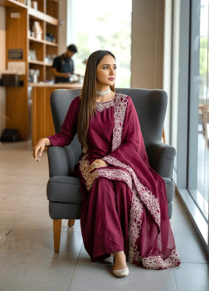 Heritage by Maherposh RTW Embroidered Lawn 3 Piece Suit Maroon Festive Collection