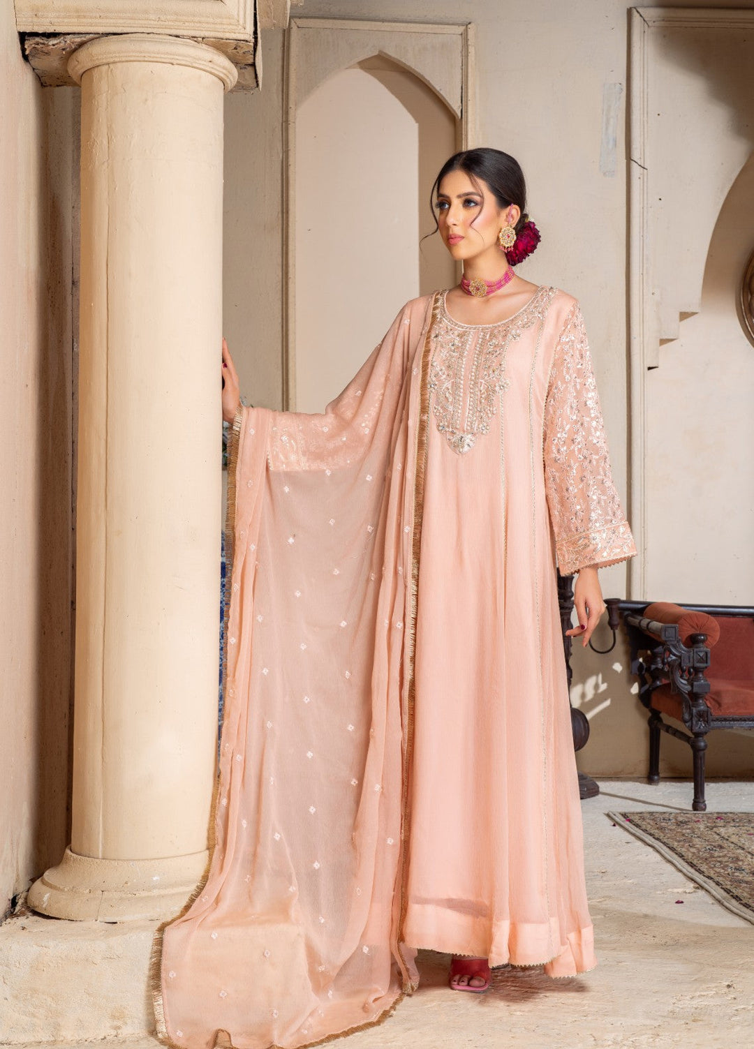 Rasm e Bahaar by Al Siyaab RTW Embroidered Chiffon 3 Piece Suit RAANI PEACH Festive Collection
