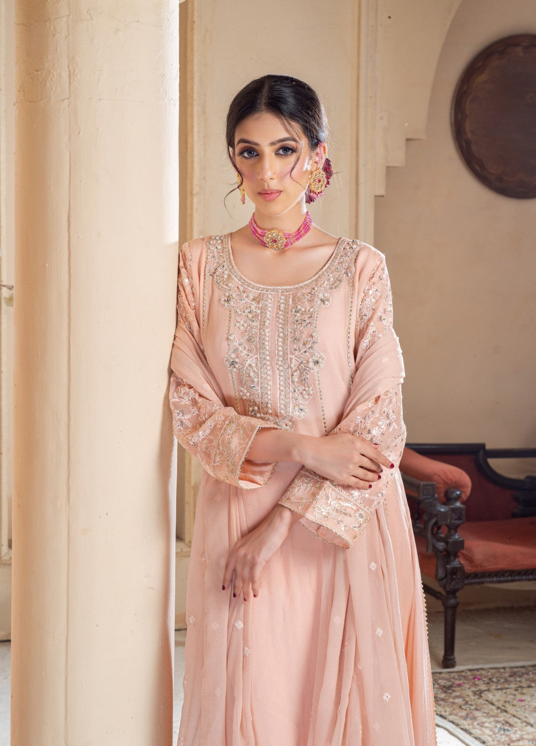 Rasm e Bahaar by Al Siyaab RTW Embroidered Chiffon 3 Piece Suit RAANI PEACH Festive Collection