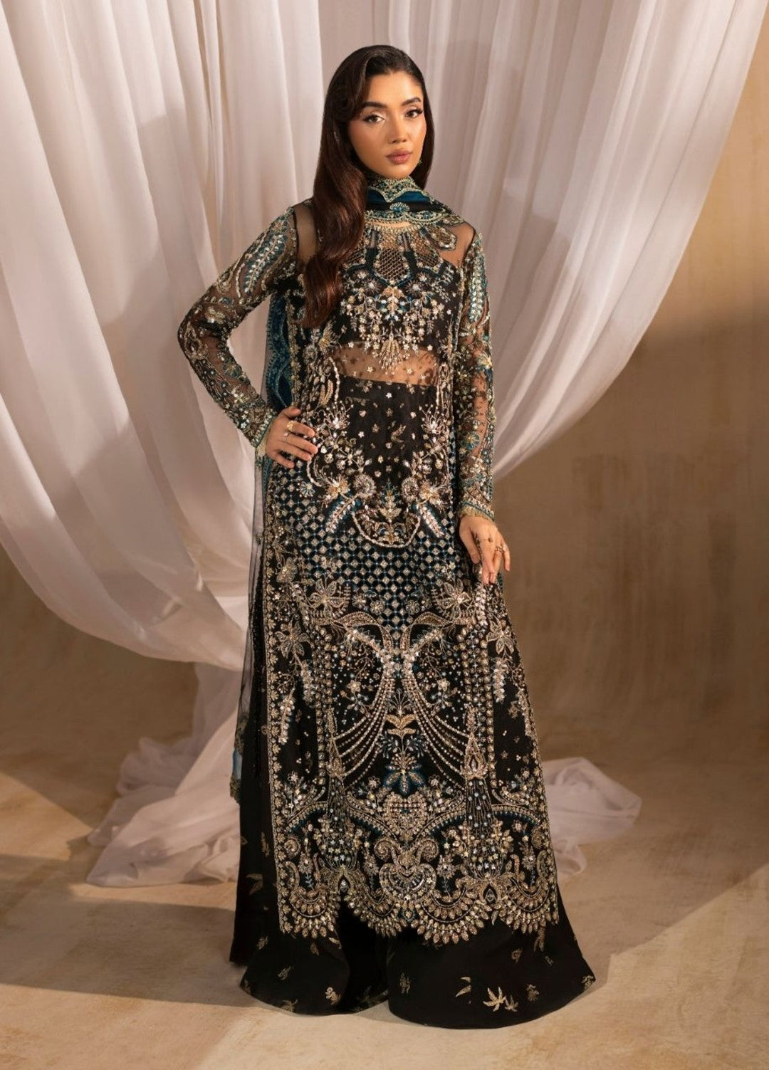 Tehwaar by Anayra Amal Unstitched Embroidered Net 3 Piece Suit Siyah Wedding Collection