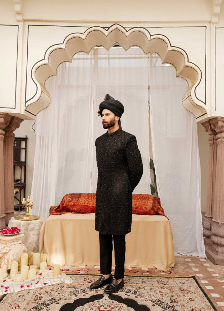 Dildaar by Hamna Ehtasham Mens RTW Embroidered Korean Silk 3 Piece Suit Rayyan Black Sherwani Festive Collection