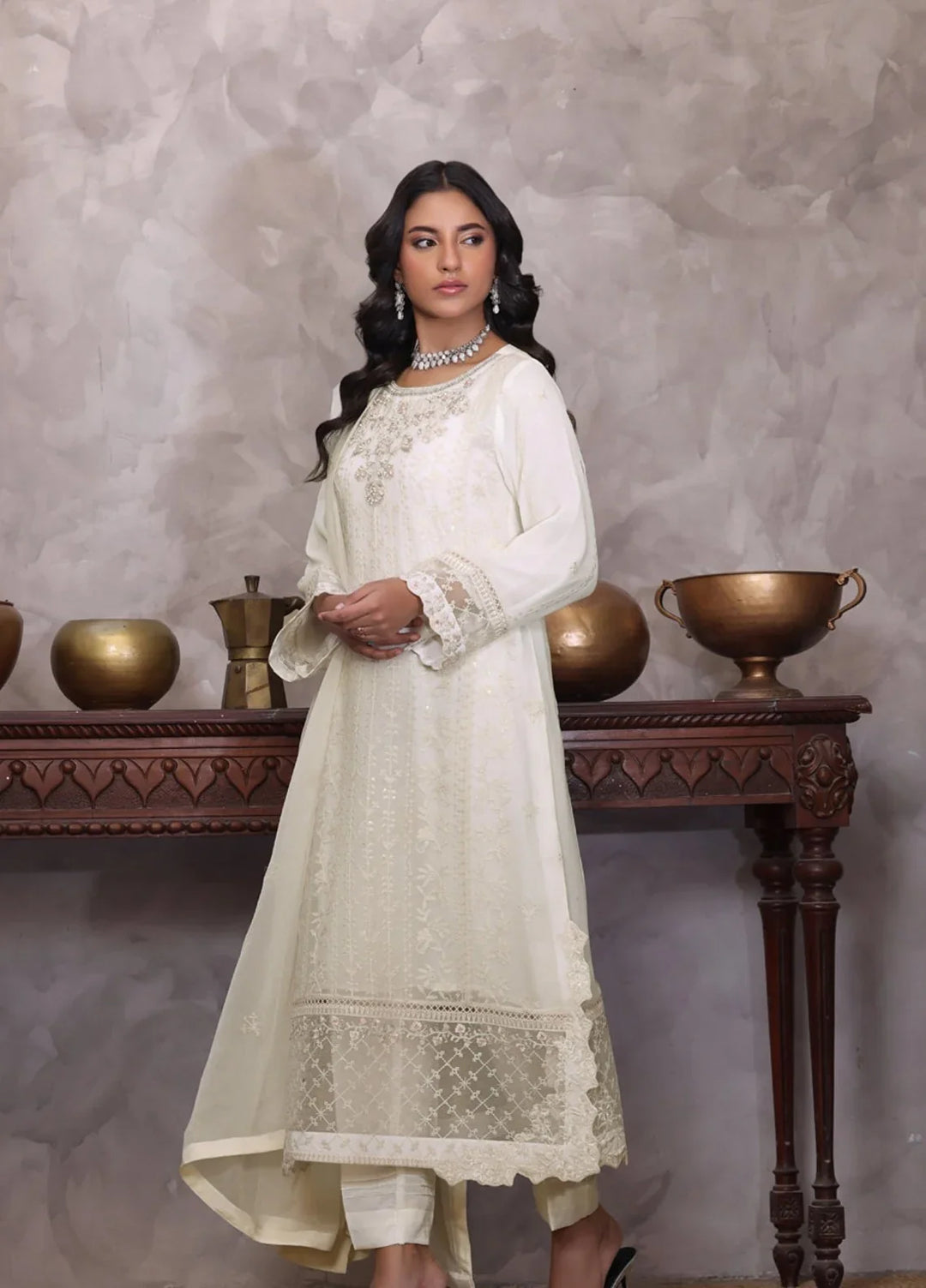 Gul Bano by Shamooz RTW Embroidered Crinkle Chiffon 3 Piece Suit SHM26RG Ivory I-CH-0020 - Festive Collection