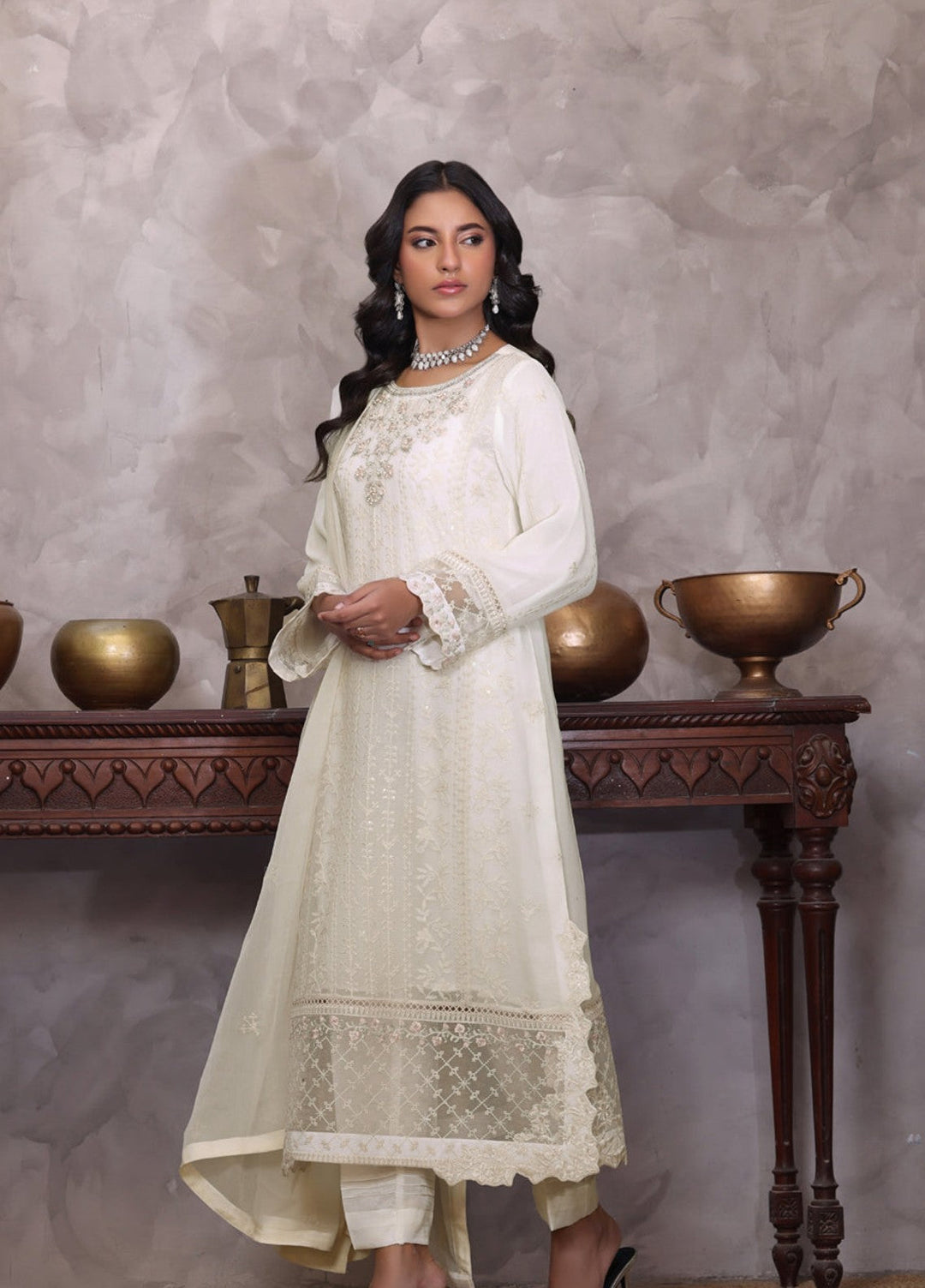 Shamooz Women RTW Embroidered Chiffon 3 Piece Suit Ivory I-CH-0020 Festive Collection