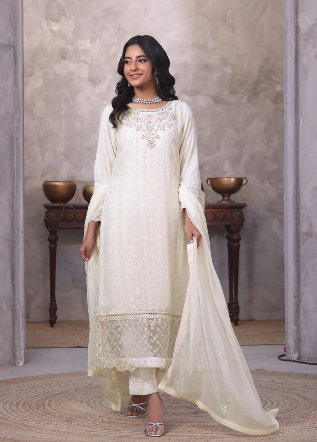 Gul Bano by Shamooz RTW Embroidered Crinkle Chiffon 3 Piece Suit SHM26RG Ivory I-CH-0020 - Festive Collection