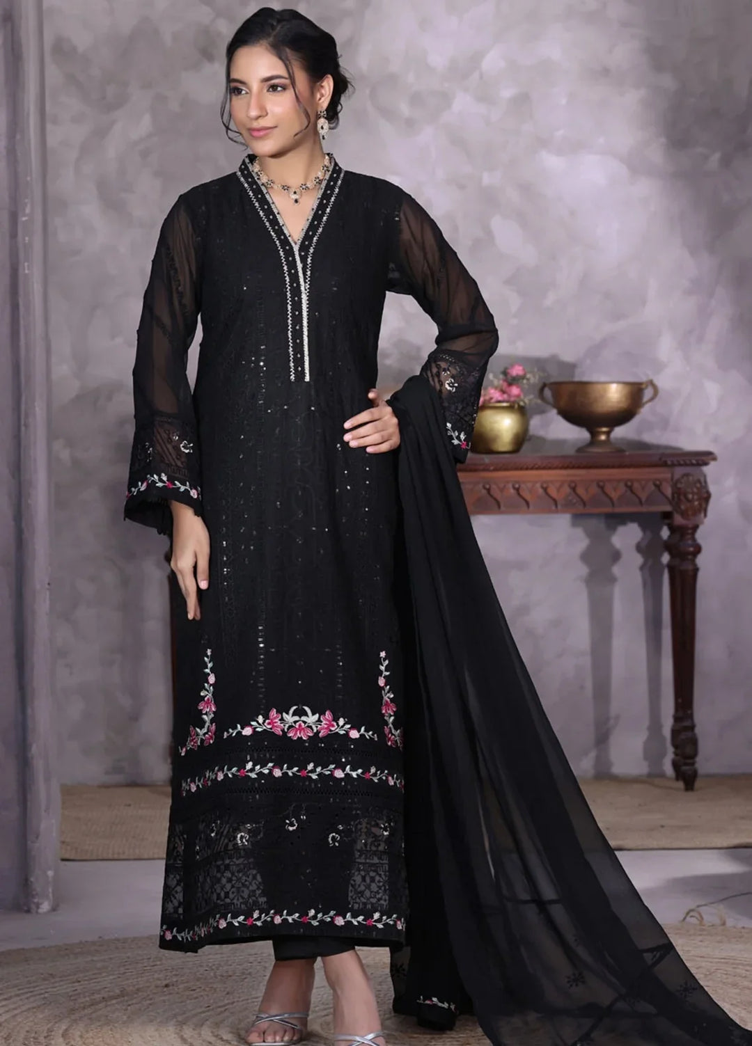 Gul Bano by Shamooz RTW Embroidered Crinkle Chiffon 3 Piece Suit SHM26RG I-CH-0016 Rich Black - Festive Collection