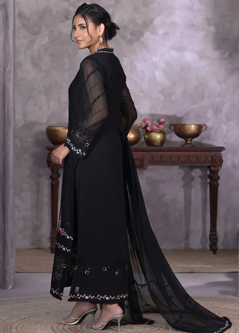 Gul Bano by Shamooz RTW Embroidered Crinkle Chiffon 3 Piece Suit SHM26RG I-CH-0016 Rich Black - Festive Collection