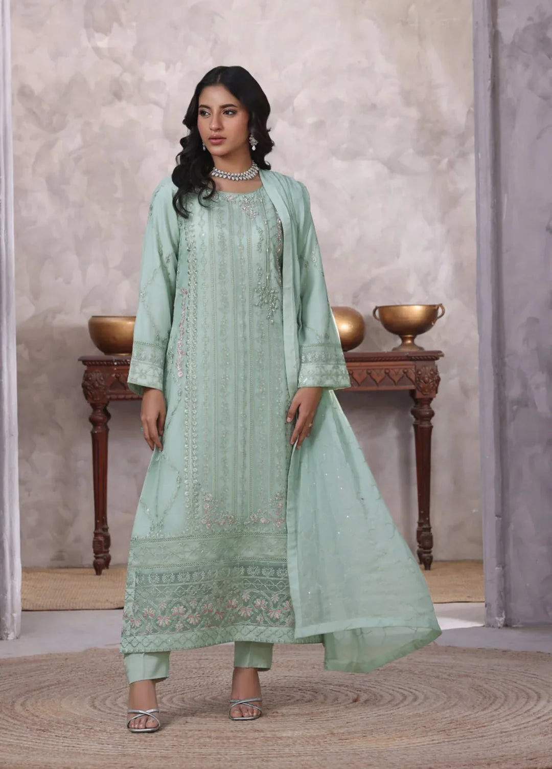 Gul Bano by Shamooz RTW Embroidered Crinkle Chiffon 3 Piece Suit SHM26RG I-CH-0017 Aqua - Festive Collection