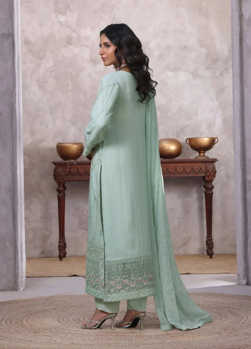 Gul Bano by Shamooz RTW Embroidered Crinkle Chiffon 3 Piece Suit SHM26RG I-CH-0017 Aqua - Festive Collection