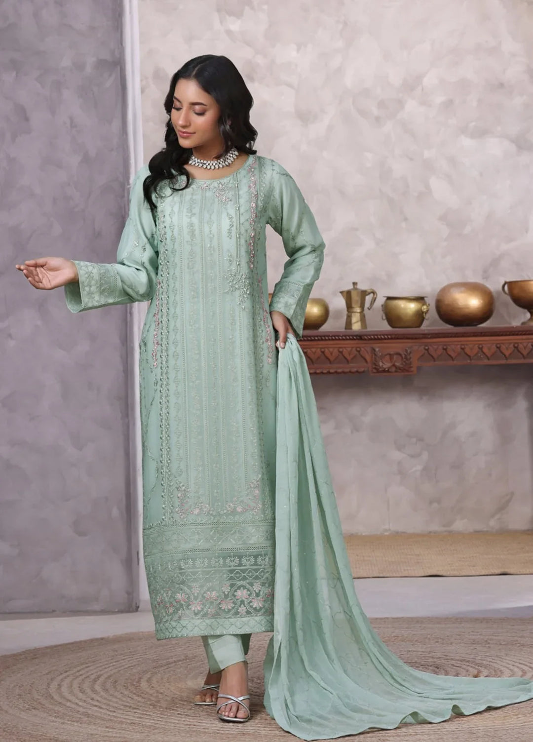 Gul Bano by Shamooz RTW Embroidered Crinkle Chiffon 3 Piece Suit SHM26RG I-CH-0017 Aqua - Festive Collection