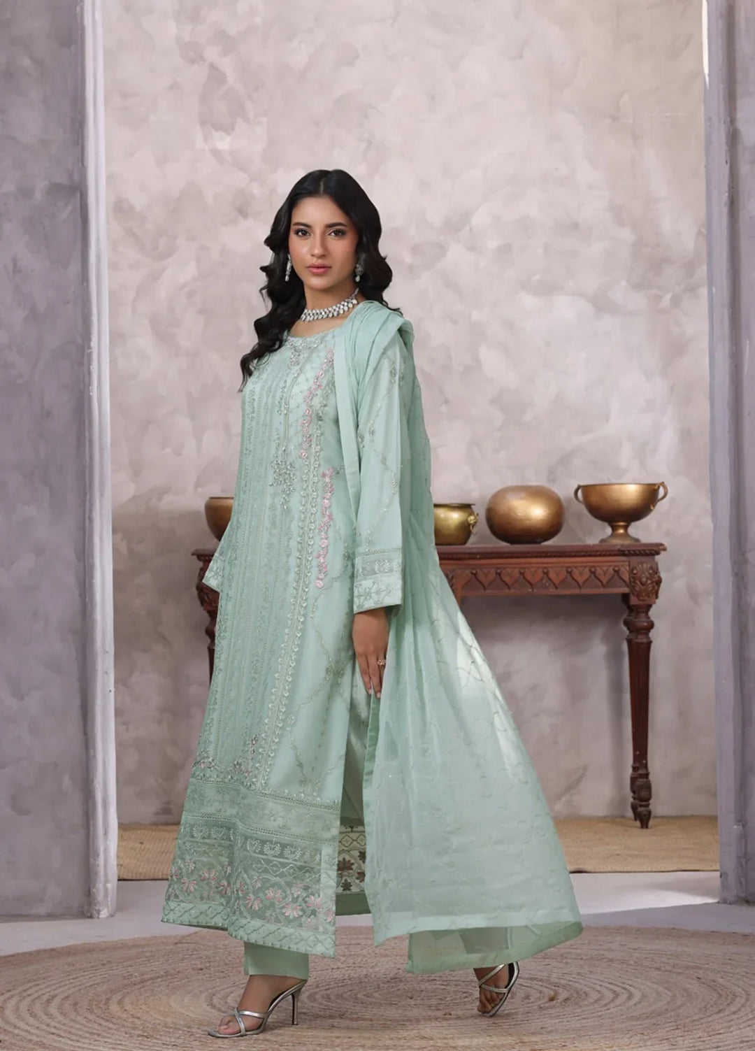 Gul Bano by Shamooz RTW Embroidered Crinkle Chiffon 3 Piece Suit SHM26RG I-CH-0017 Aqua - Festive Collection