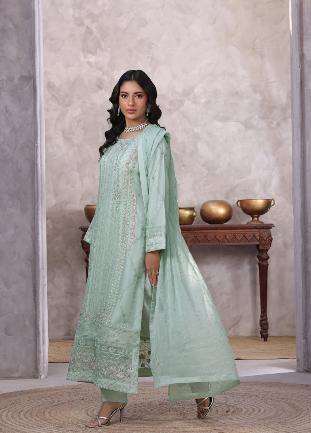 Shamooz Women RTW Embroidered Chiffon 3 Piece Suit Aqua I-CH-0017 Festive Collection