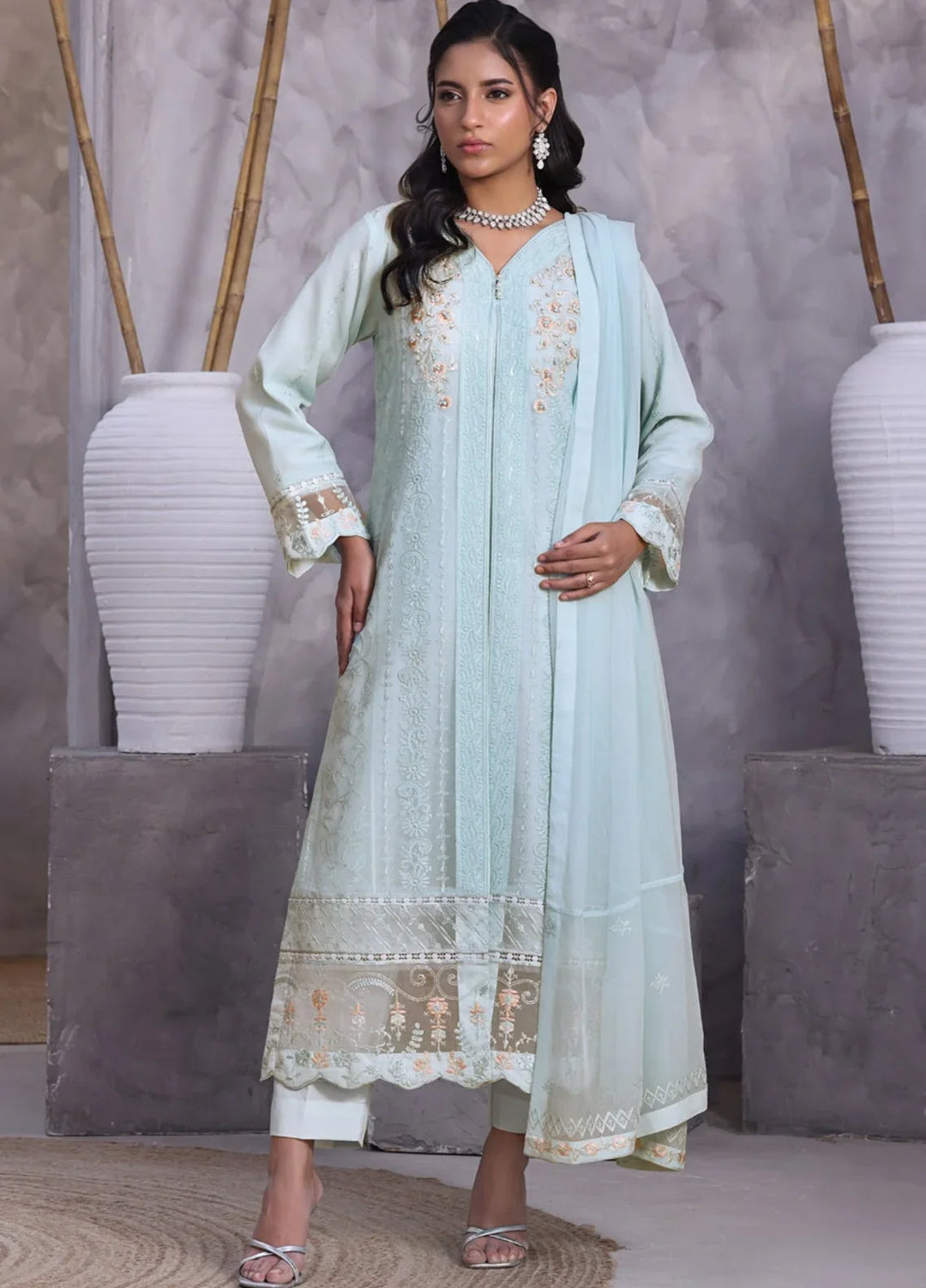 Gul Bano by Shamooz RTW Embroidered Crinkle Chiffon 3 Piece Suit SHM26RG I-CH-0018 Baby Blue - Festive Collection