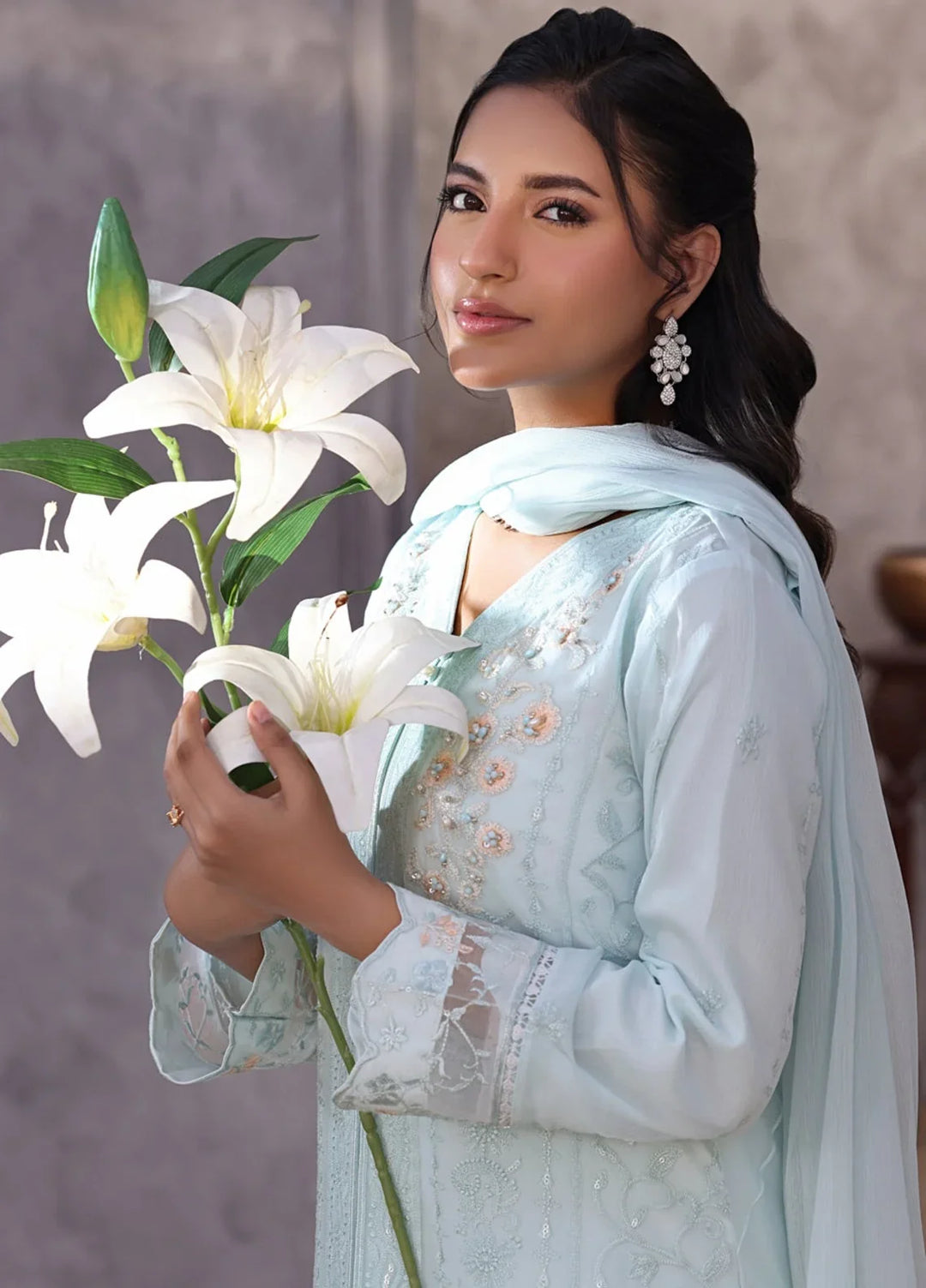 Gul Bano by Shamooz RTW Embroidered Crinkle Chiffon 3 Piece Suit SHM26RG I-CH-0018 Baby Blue - Festive Collection