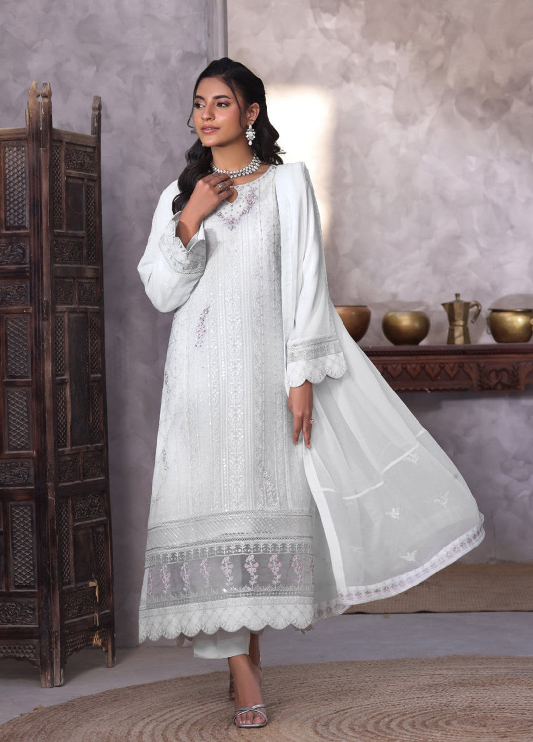 Shamooz Women RTW Embroidered Chiffon 3 Piece Suit Mist Grey I-CH-0019 Festive Collection