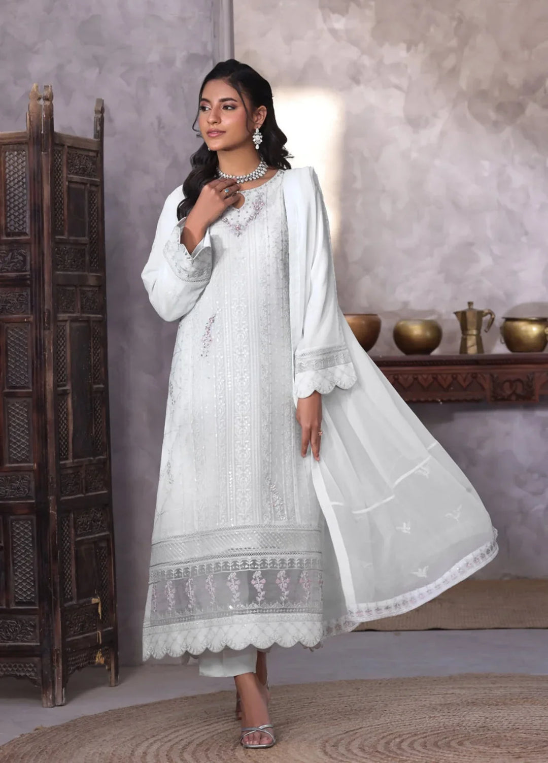 Gul Bano by Shamooz RTW Embroidered Crinkle Chiffon 3 Piece Suit SHM26RG Mist Grey I-CH-0019 - Festive Collection