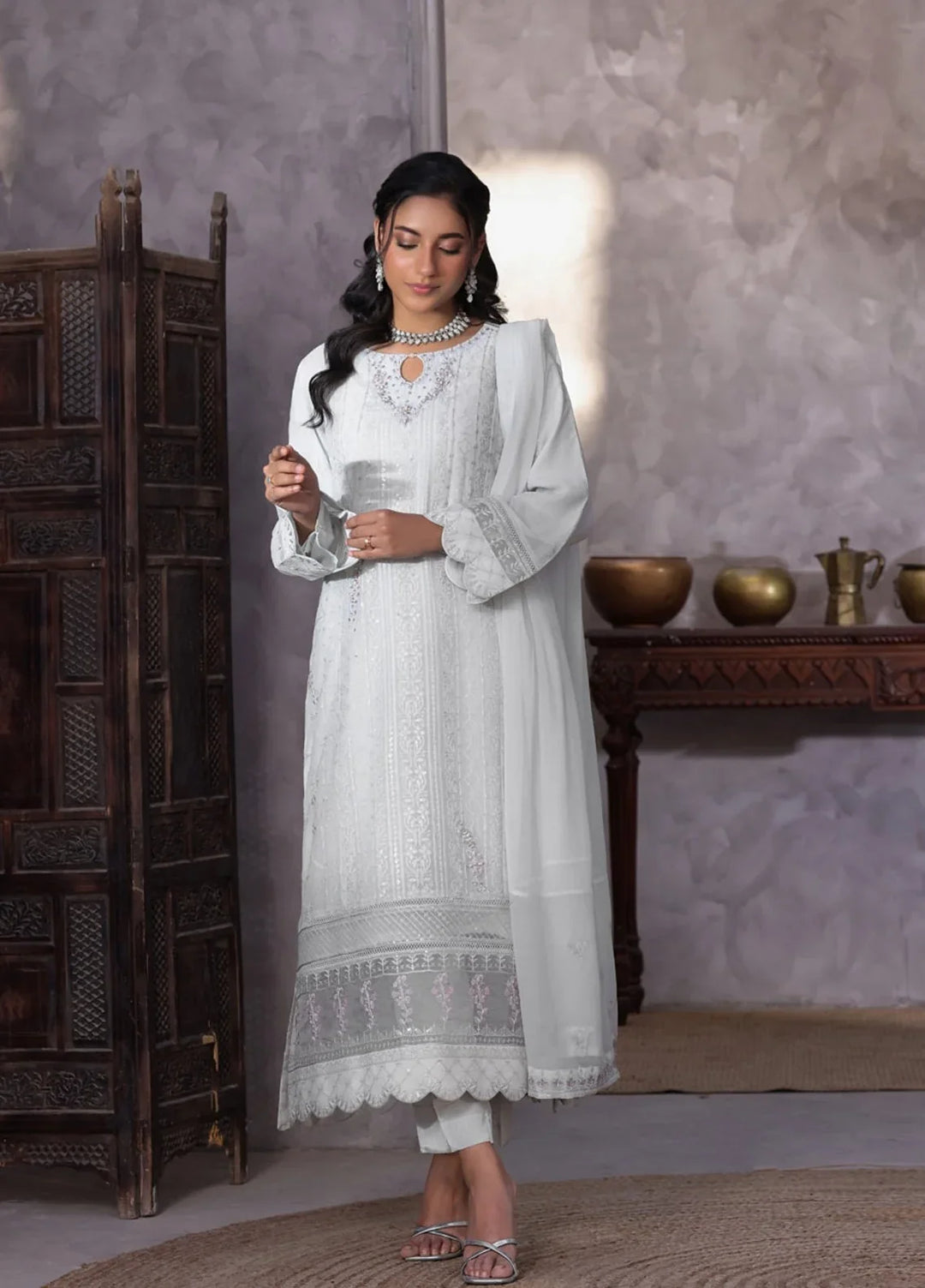 Gul Bano by Shamooz RTW Embroidered Crinkle Chiffon 3 Piece Suit SHM26RG Mist Grey I-CH-0019 - Festive Collection