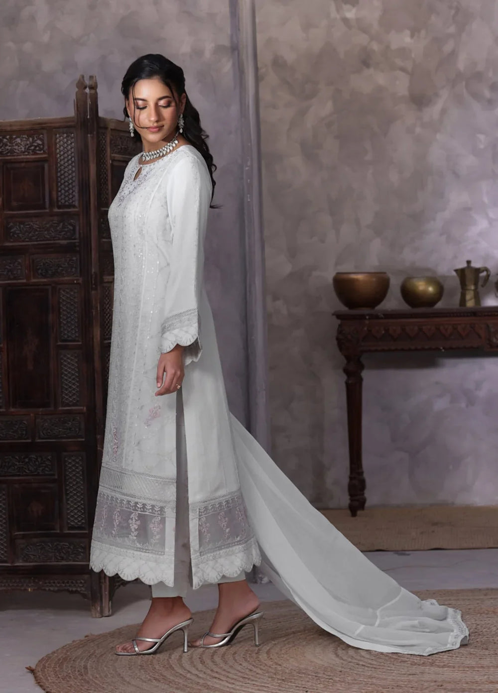 Gul Bano by Shamooz RTW Embroidered Crinkle Chiffon 3 Piece Suit SHM26RG Mist Grey I-CH-0019 - Festive Collection