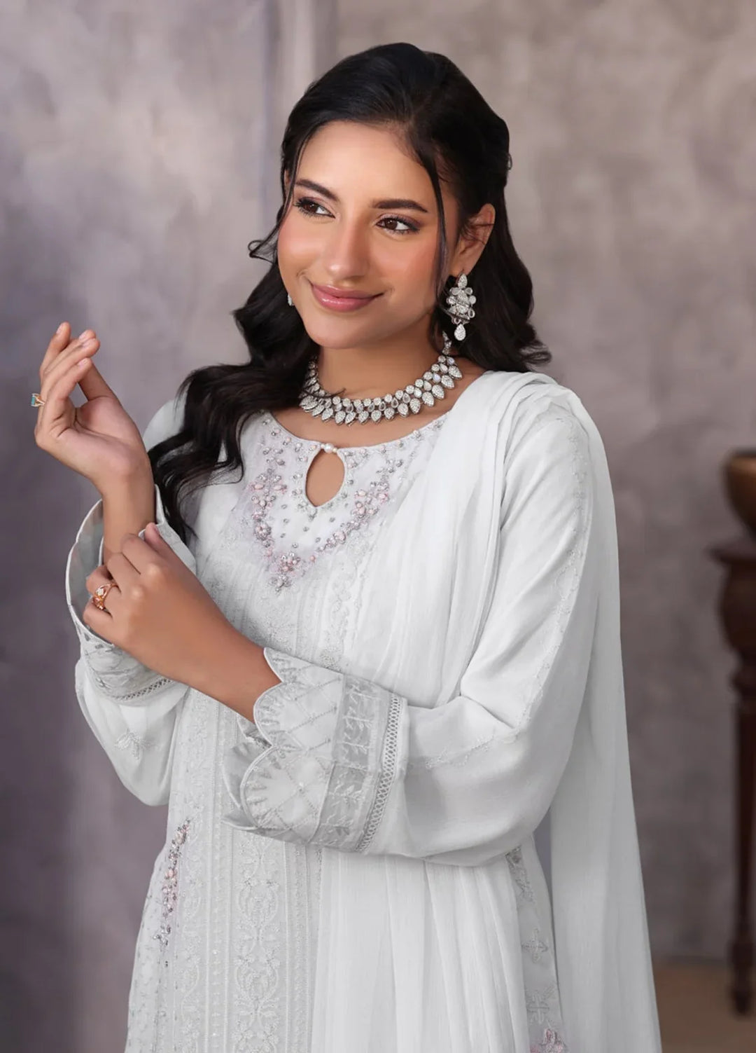 Gul Bano by Shamooz RTW Embroidered Crinkle Chiffon 3 Piece Suit SHM26RG Mist Grey I-CH-0019 - Festive Collection