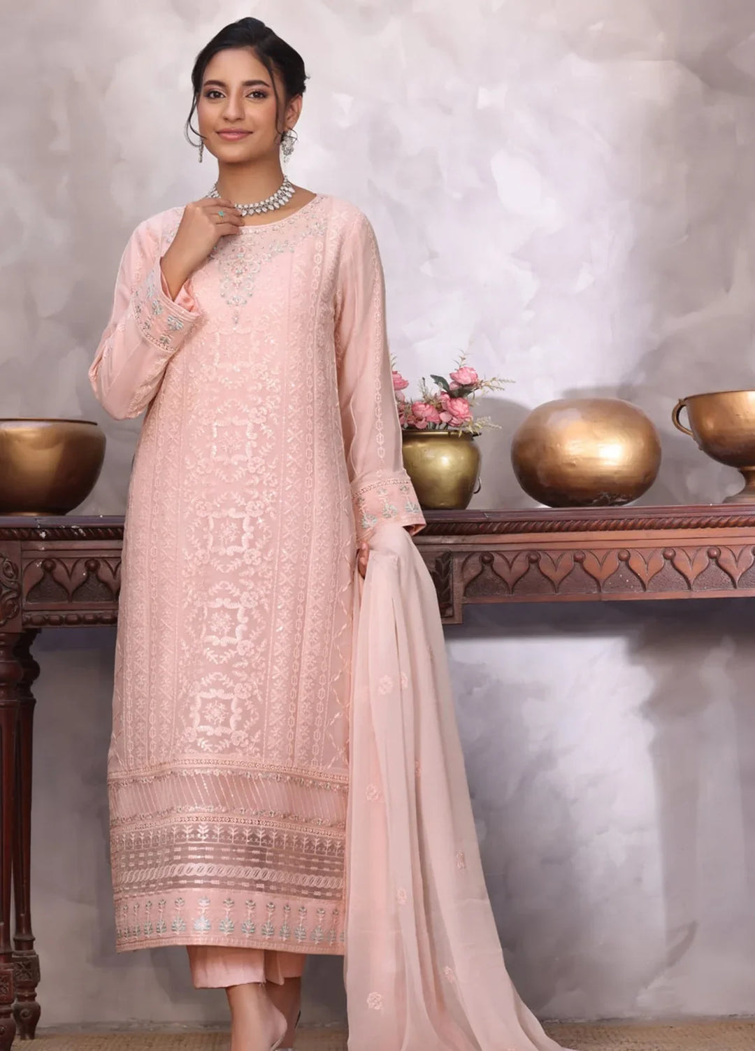 Gul Bano by Shamooz RTW Embroidered Crinkle Chiffon 3 Piece Suit SHM26RG Daisy I-CH-0025 - Festive Collection