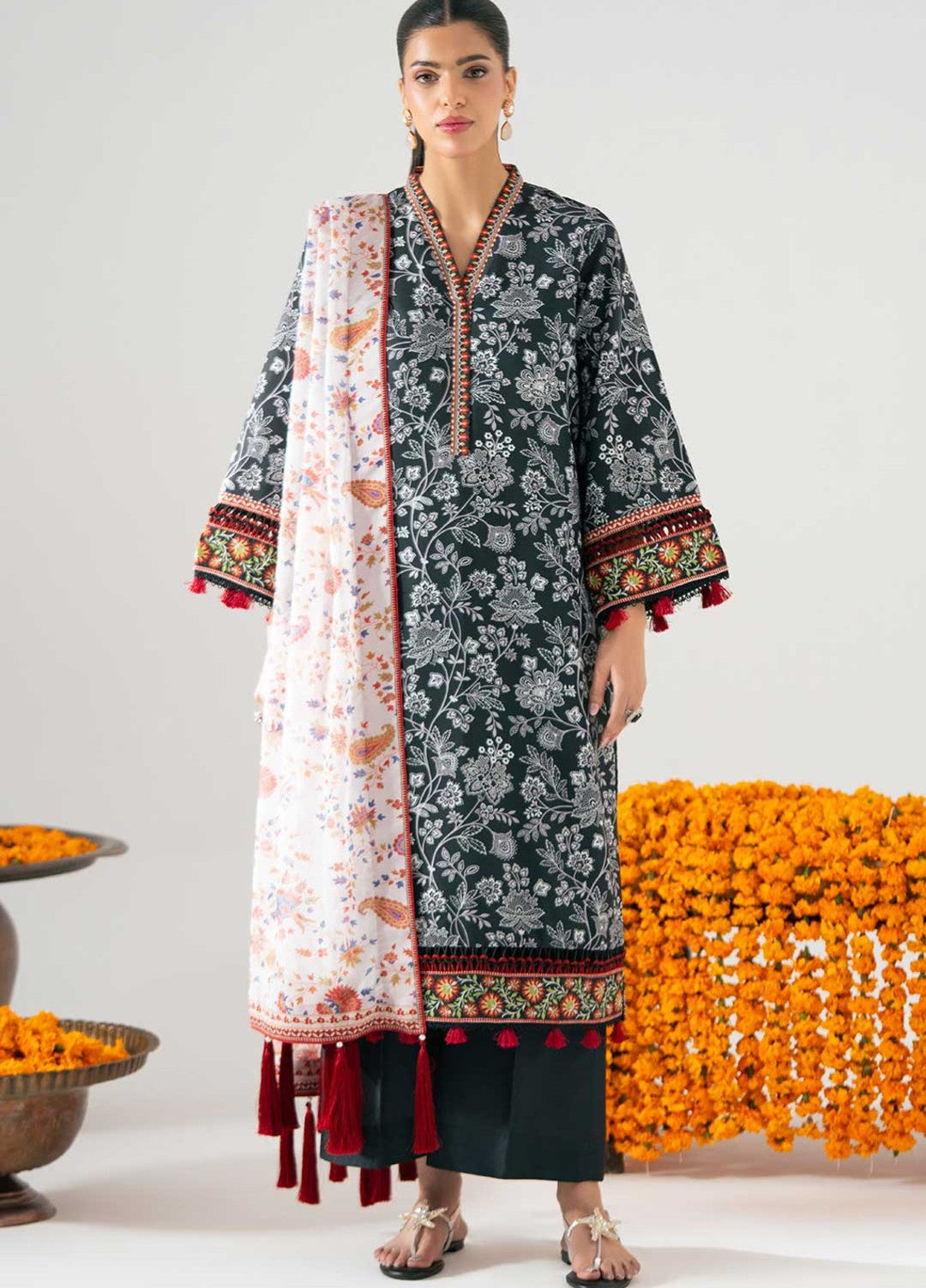 Zaymal Women RTW Printed Silk 3 Piece Suit MONOCHROME Casual Collection