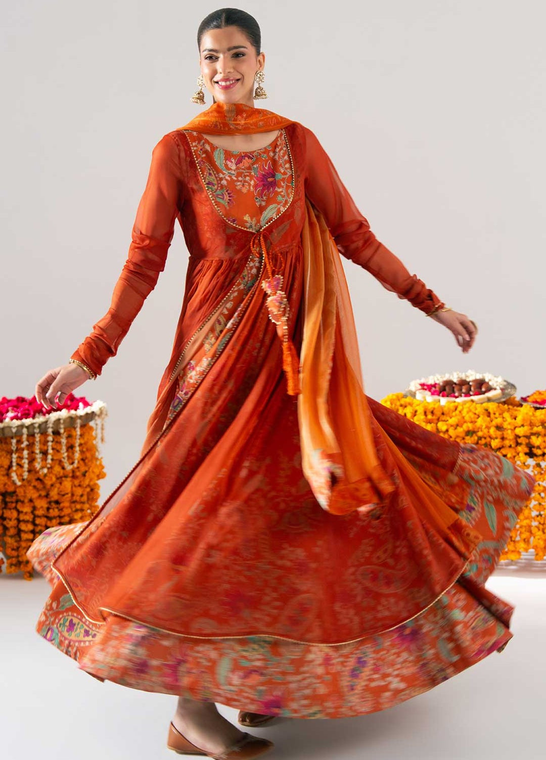 Zaymal Women RTW Printed Silk 3 Piece Suit RUST Festive Collection
