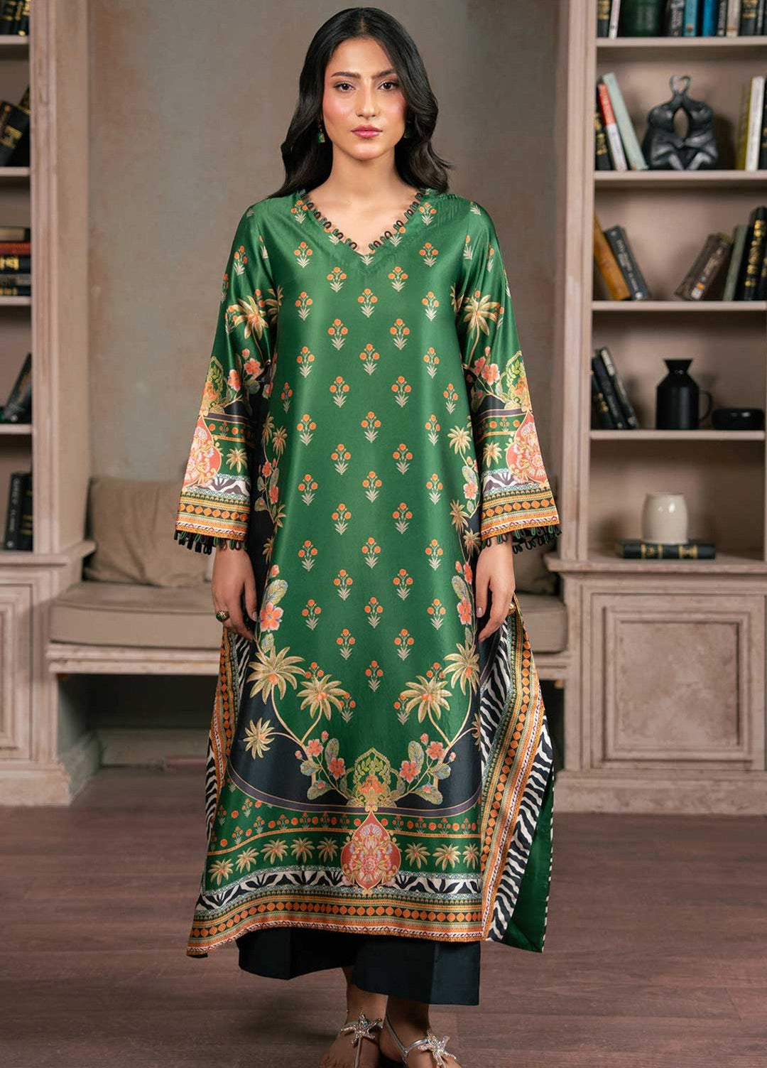 Zaymal Women RTW Printed Silk 2 Piece Suit GREEN BLACK Festive Collection