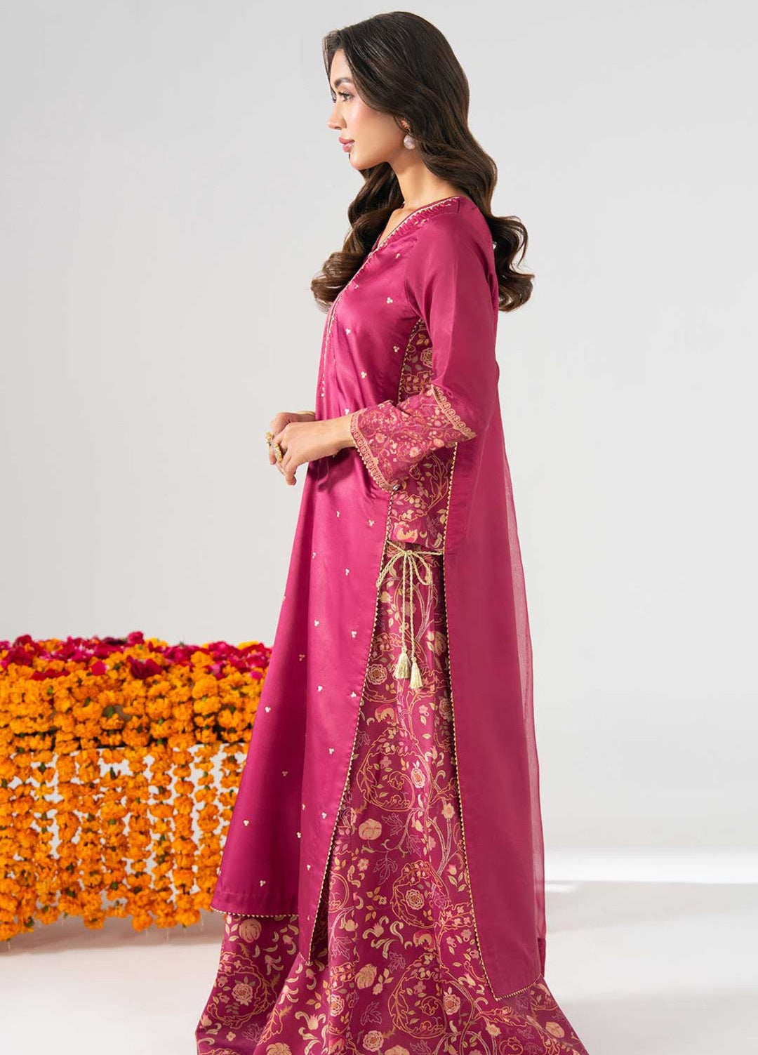 Zaymal Women RTW Printed Silk 3 Piece Suit SHOCKING PINK Festive Collection