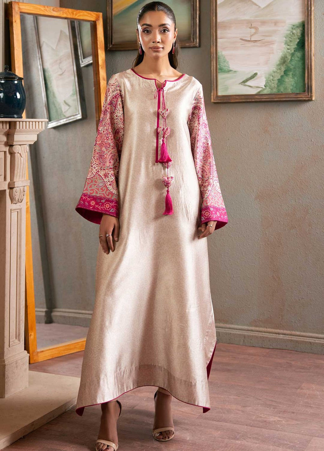 Zaymal Women RTW Printed Silk 2 Piece Suit BEIGE PINK Festive Collection