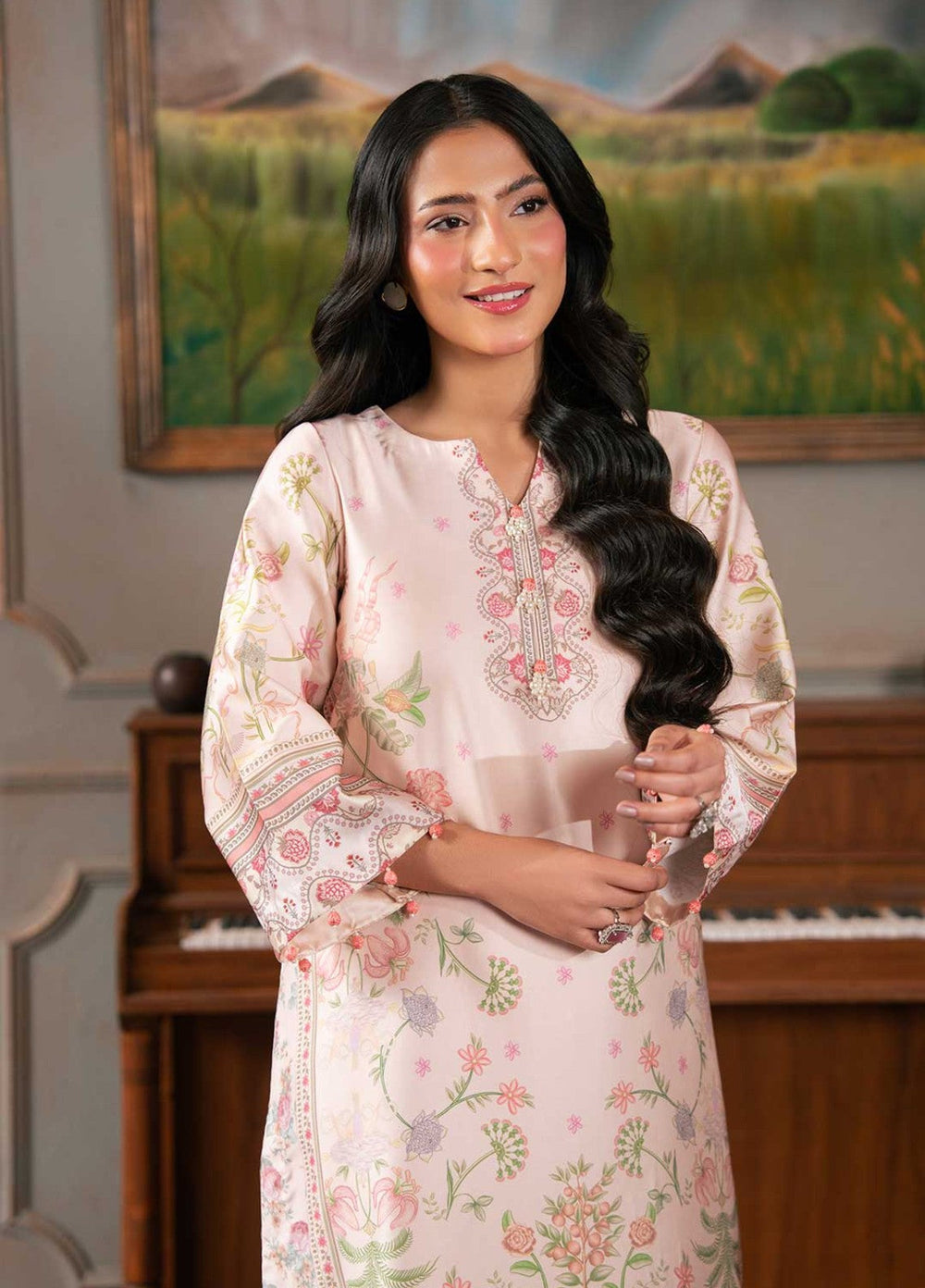 Zaymal Women RTW Printed Silk 2 Piece Suit SALMON PINK Festive Collection