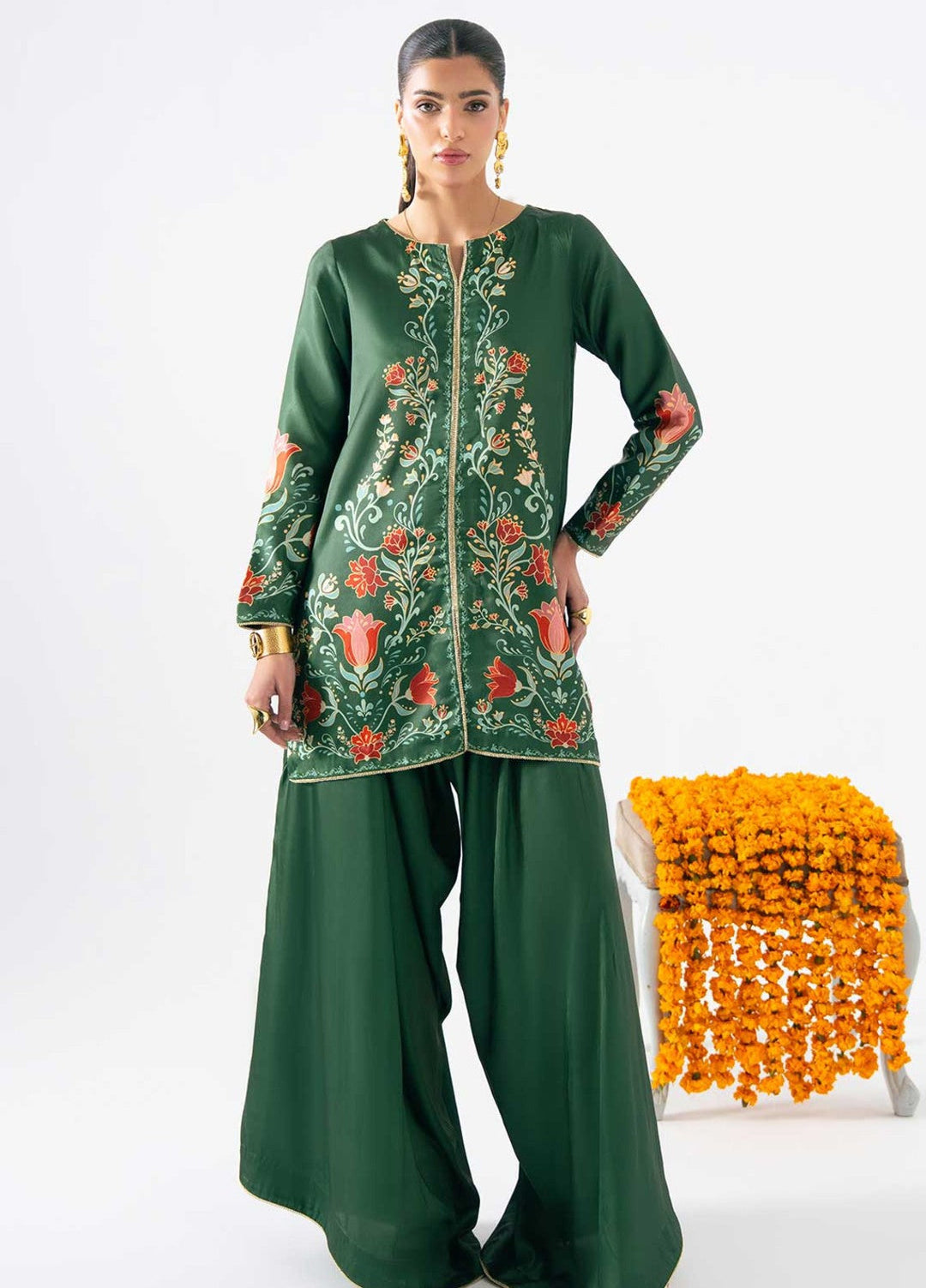Zaymal Women RTW Printed Silk 2 Piece Suit EMERALD GREEN Festive Collection
