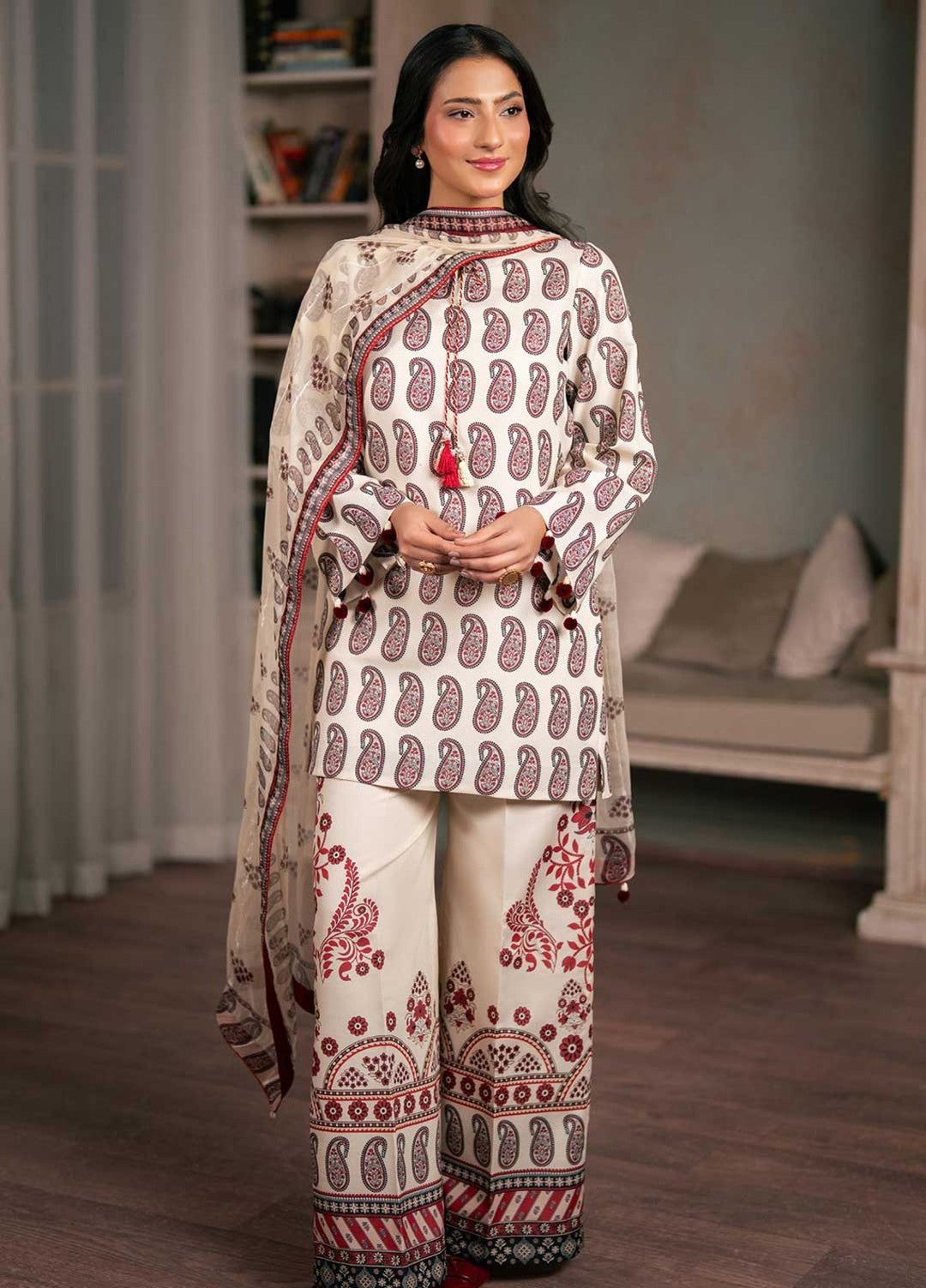 Zaymal Women RTW Printed Silk 3 Piece Suit BEIGE Festive Collection