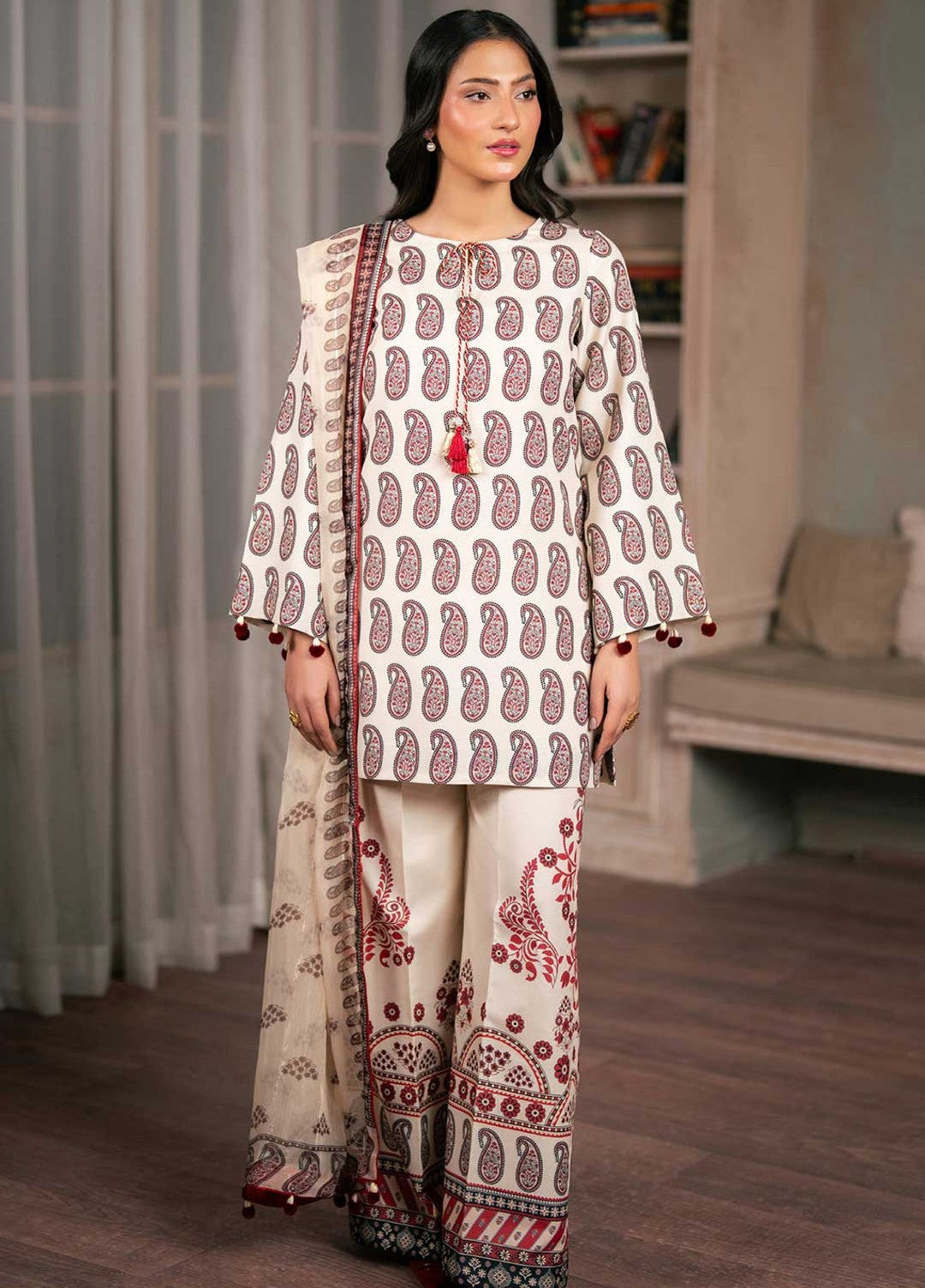 Zaymal Women RTW Printed Silk 3 Piece Suit BEIGE Festive Collection