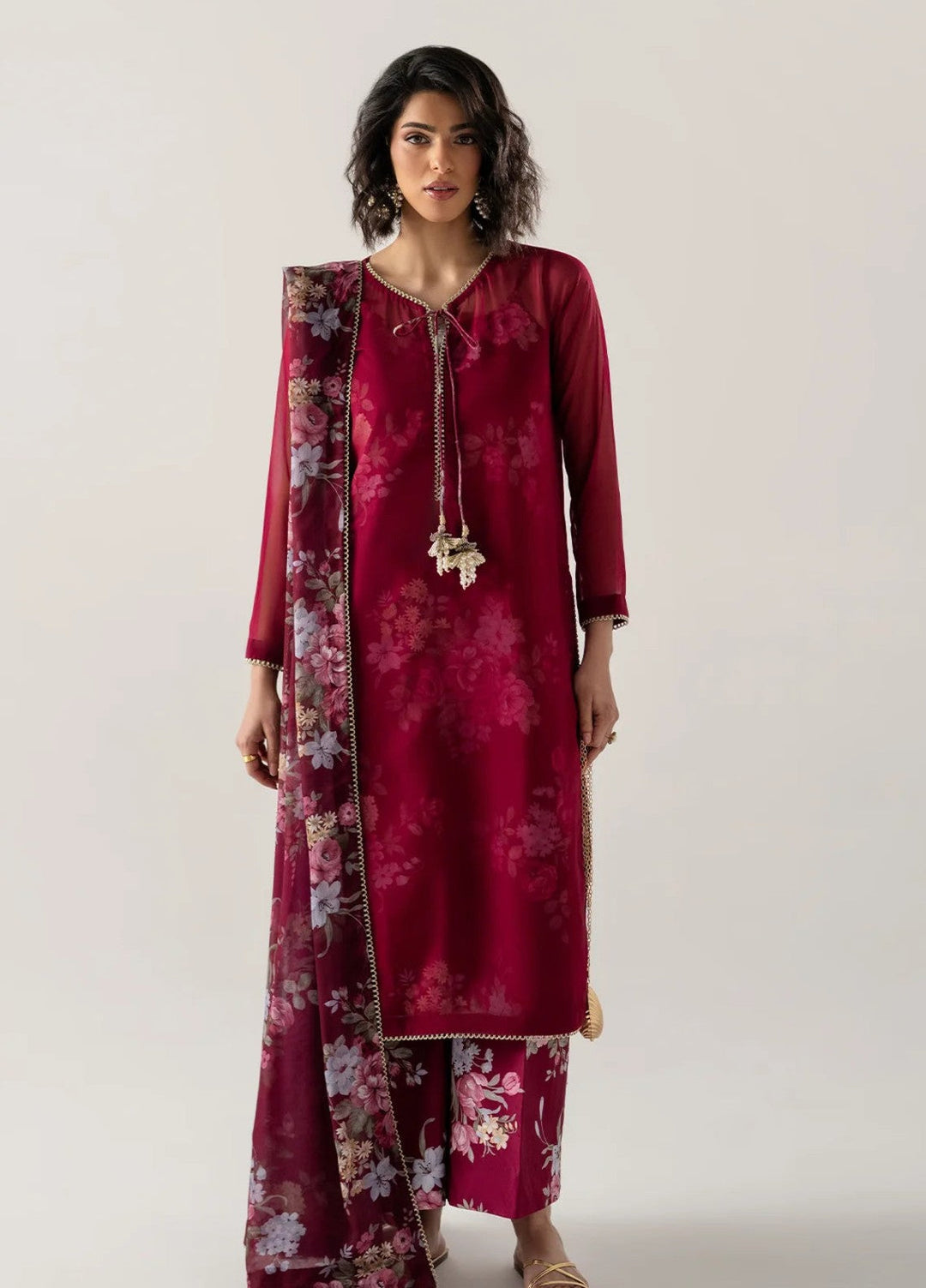 Zaymal Women RTW Printed Chiffon 4 Piece Suit DEEP BURGUNDY Casual Collection