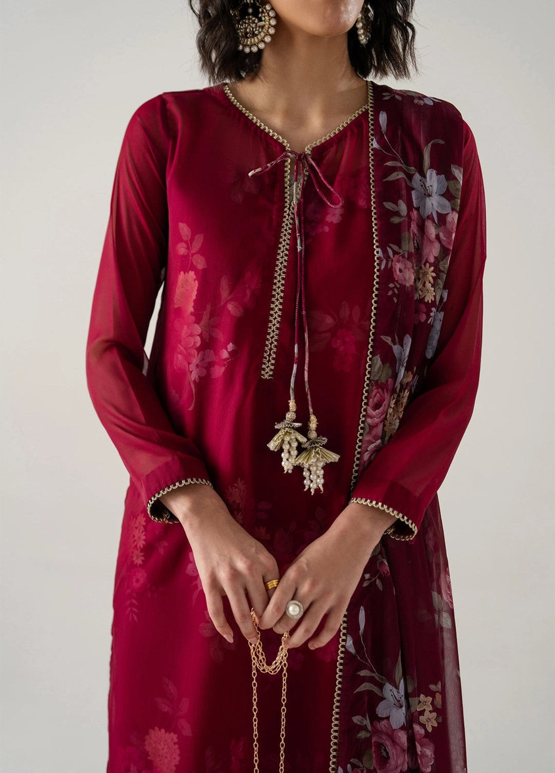 Zaymal Women RTW Printed Chiffon 4 Piece Suit DEEP BURGUNDY Casual Collection