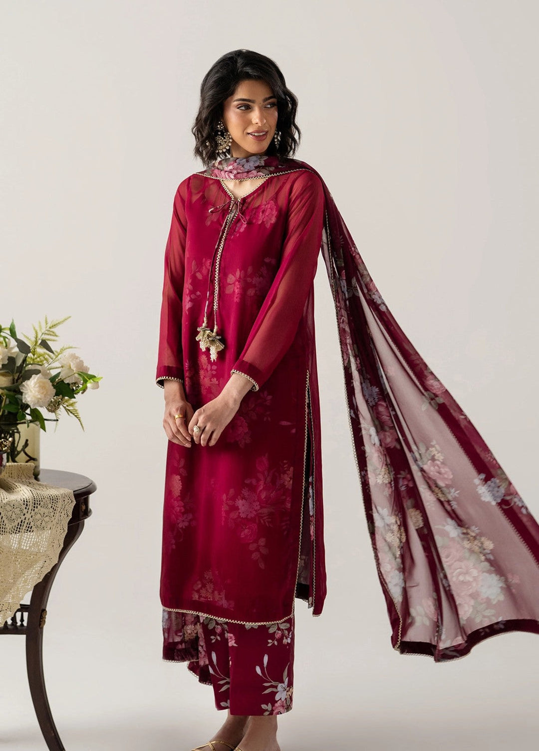 Zaymal Women RTW Printed Chiffon 4 Piece Suit DEEP BURGUNDY Casual Collection