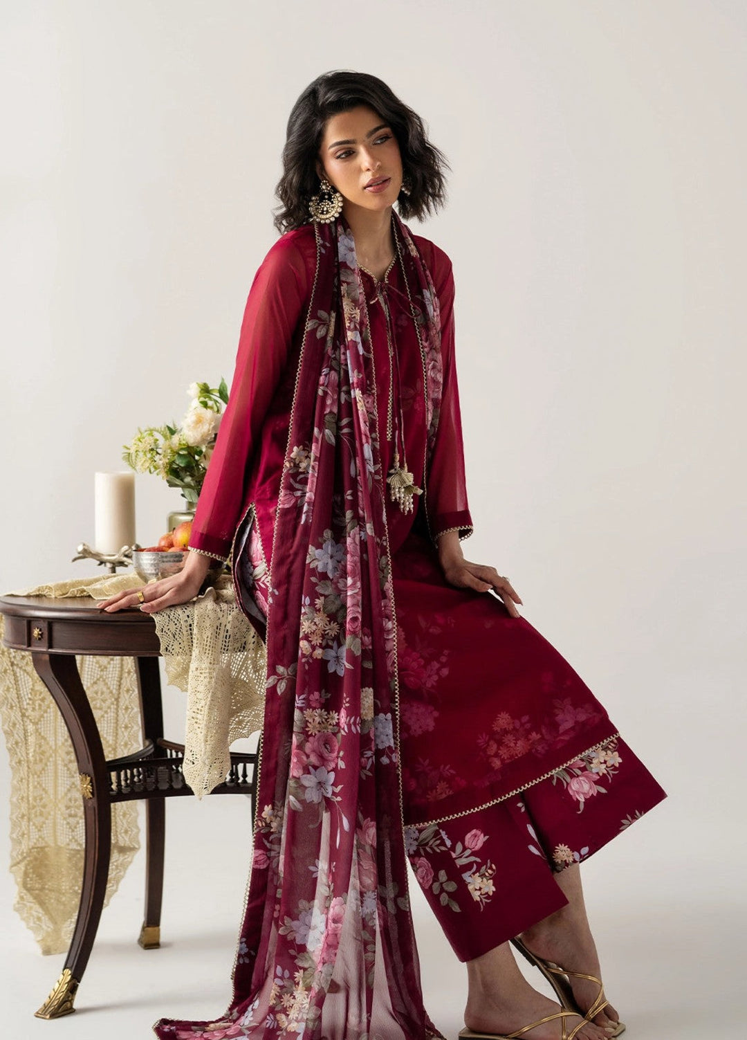 Zaymal Women RTW Printed Chiffon 4 Piece Suit DEEP BURGUNDY Casual Collection