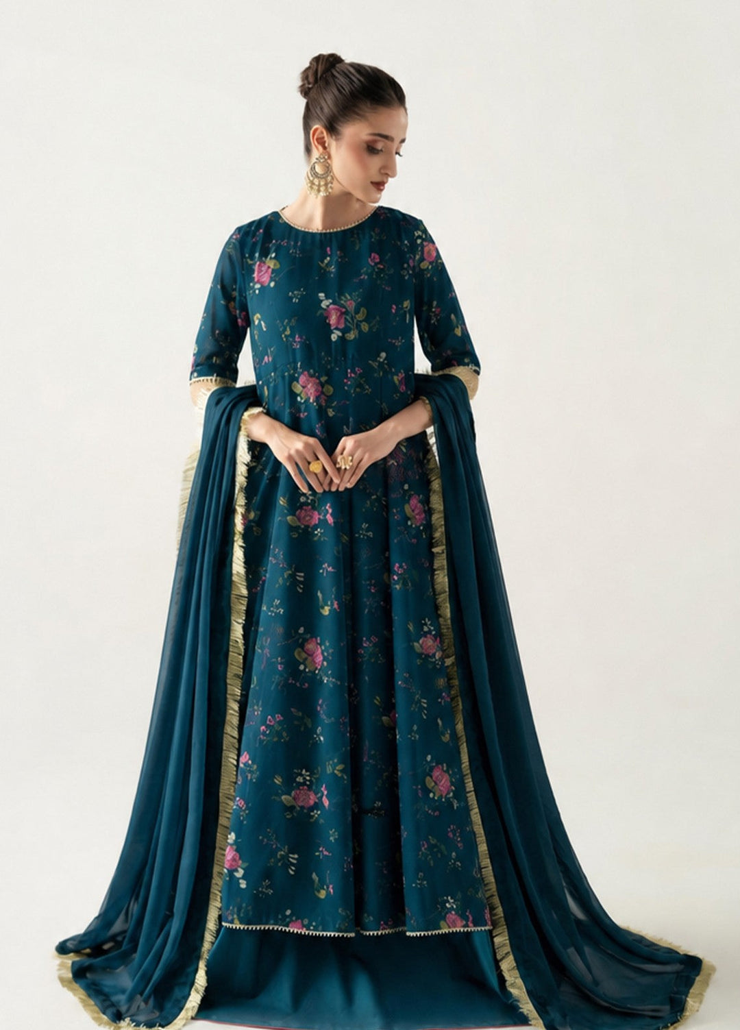 Zaymal Women RTW Printed Chiffon 3 Piece Suit DEEP TEAL Casual Collection