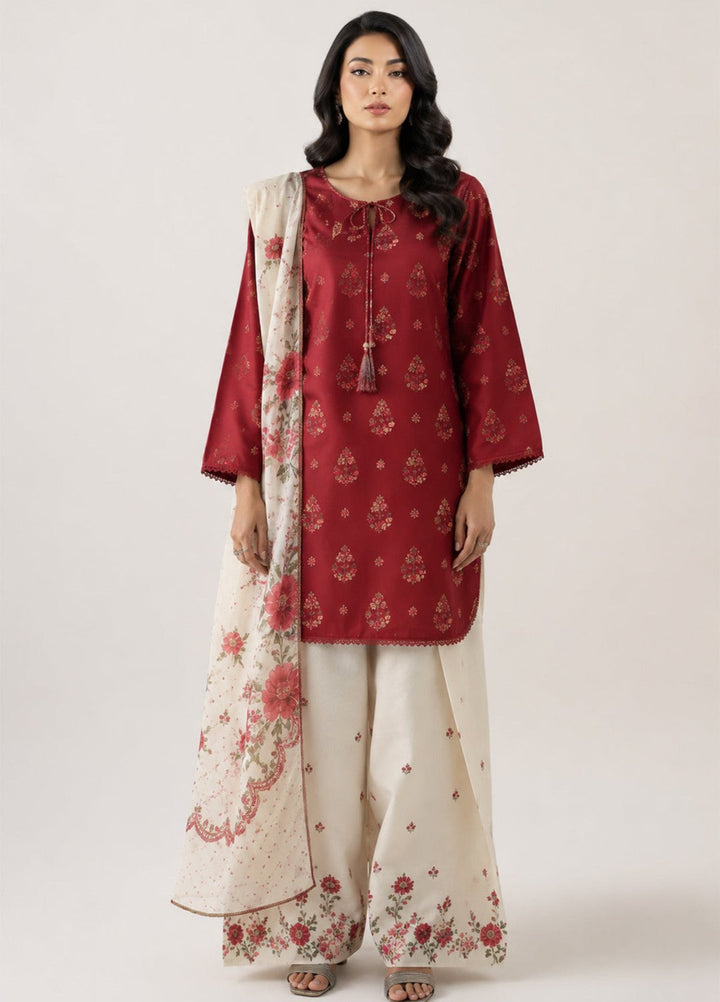Zaymal Women RTW Printed Blended Lawn 3 Piece Suit MAROON IVORY Casual Collection