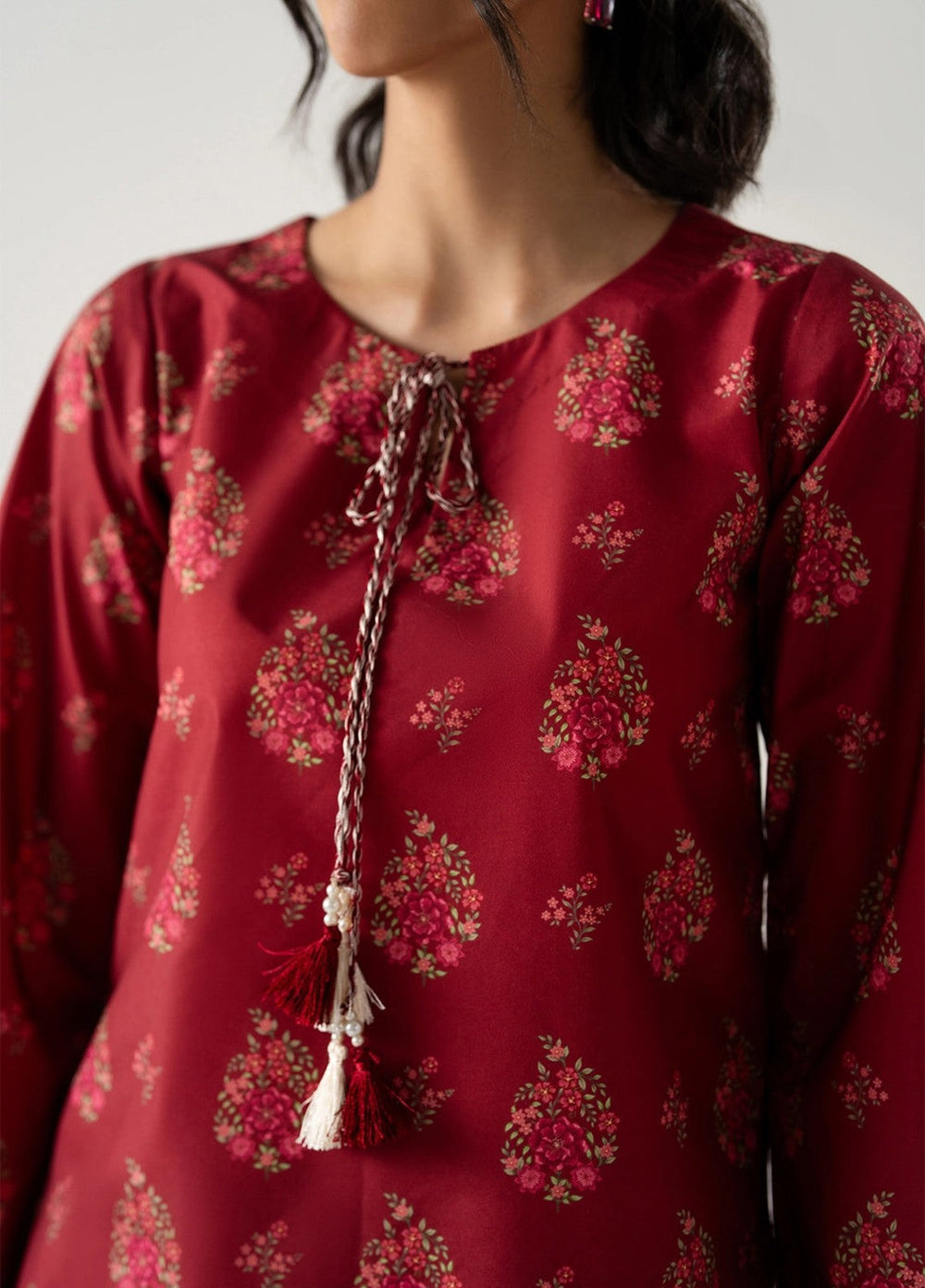 Zaymal Women RTW Printed Blended Lawn 3 Piece Suit MAROON IVORY Casual Collection