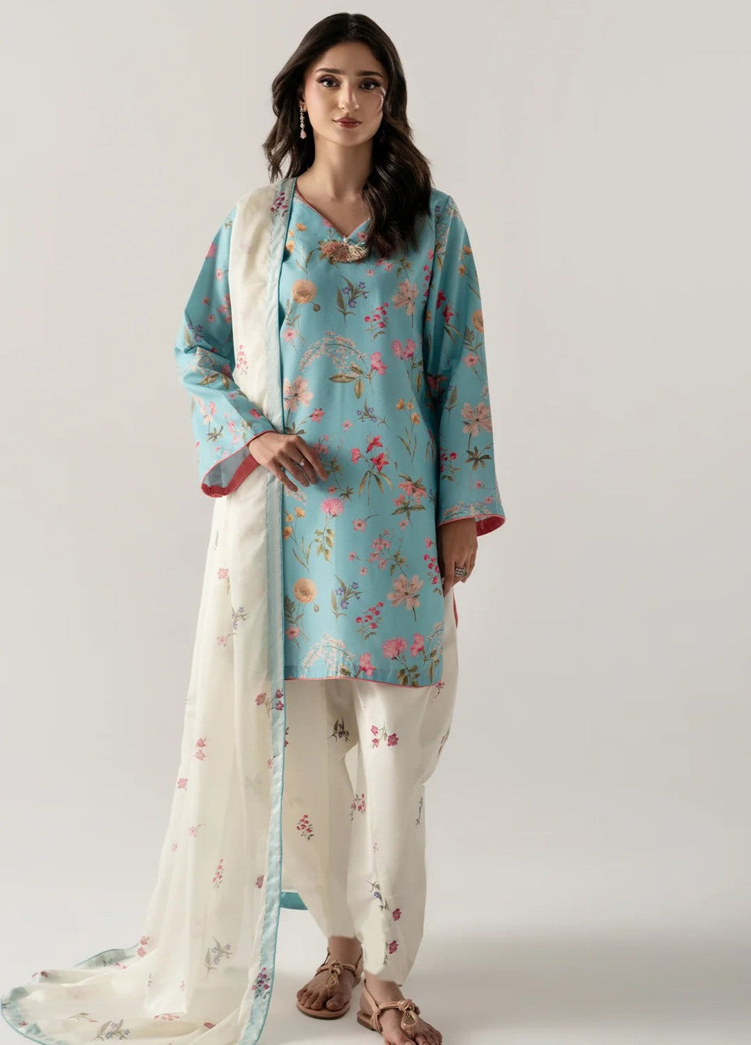 Zaymal Women RTW Printed Blended Lawn 3 Piece Suit SKY BLUE Casual Collection