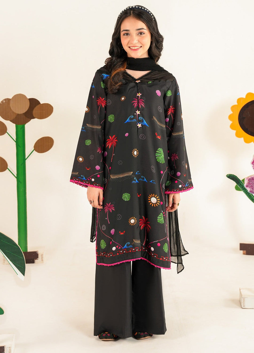 Bloomie by Panache Apparel Girls RTW Printed Lawn Silk 3 Piece Suit Daisypop Festive Collection