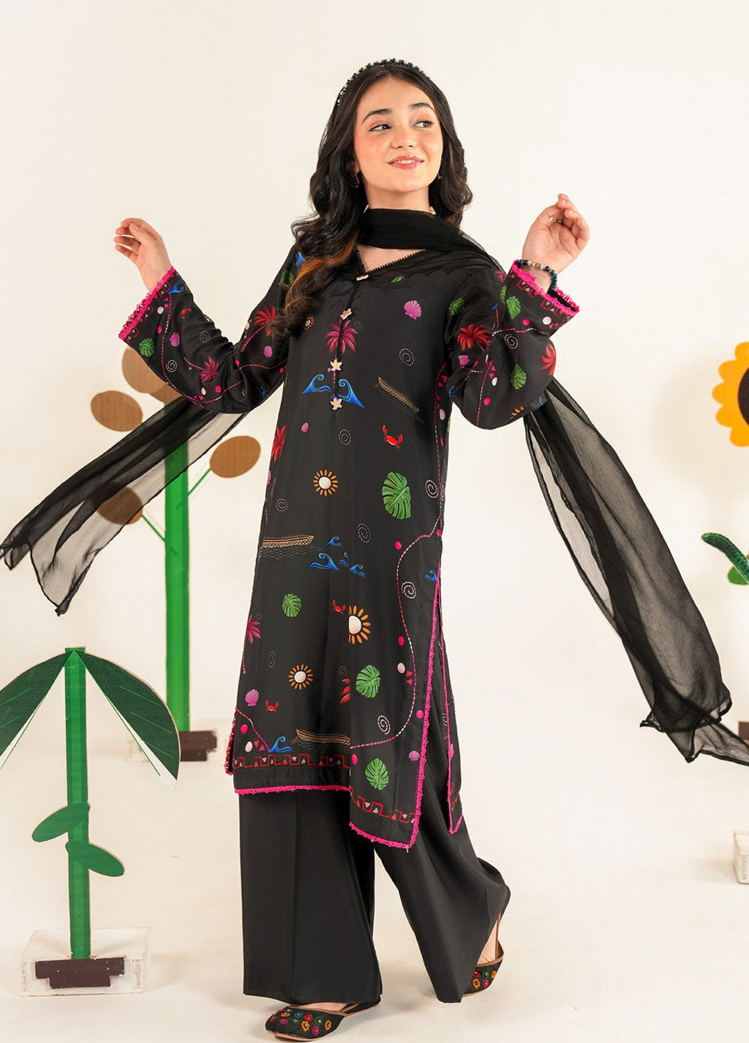 Bloomie by Panache Apparel Girls RTW Printed Lawn Silk 3 Piece Suit Daisypop Festive Collection