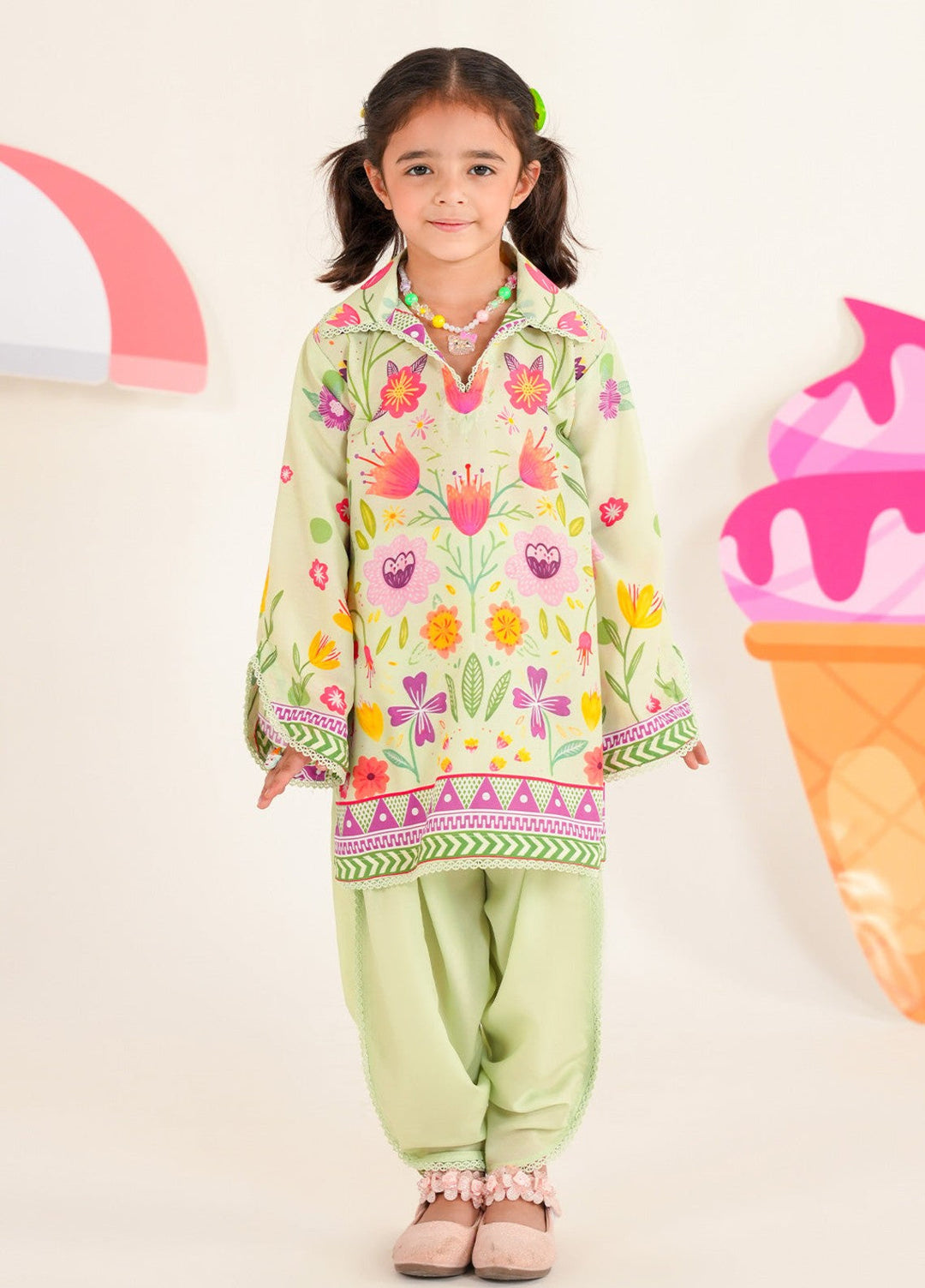 Bloomie by Panache Apparel Girls RTW Printed Lawn Silk 2 Piece Suit Coloroo Festive Collection