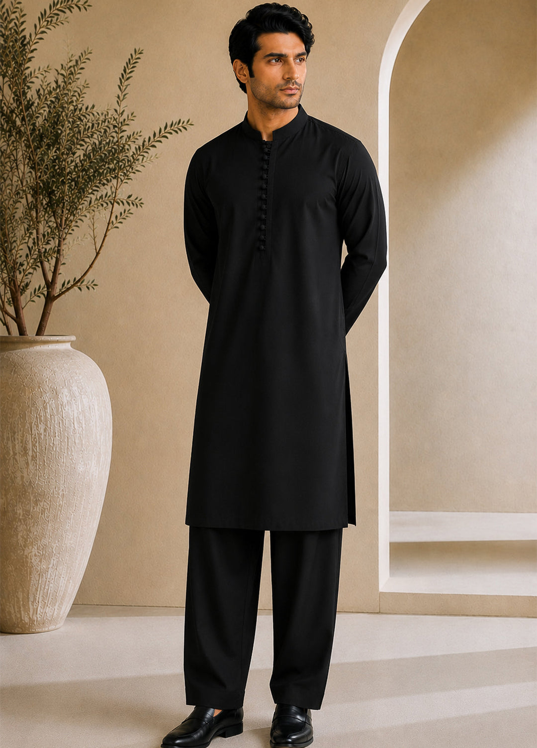 Mazham Mens RTW Solids Cotton 2 Piece Suit Black Luppi Casual Collection