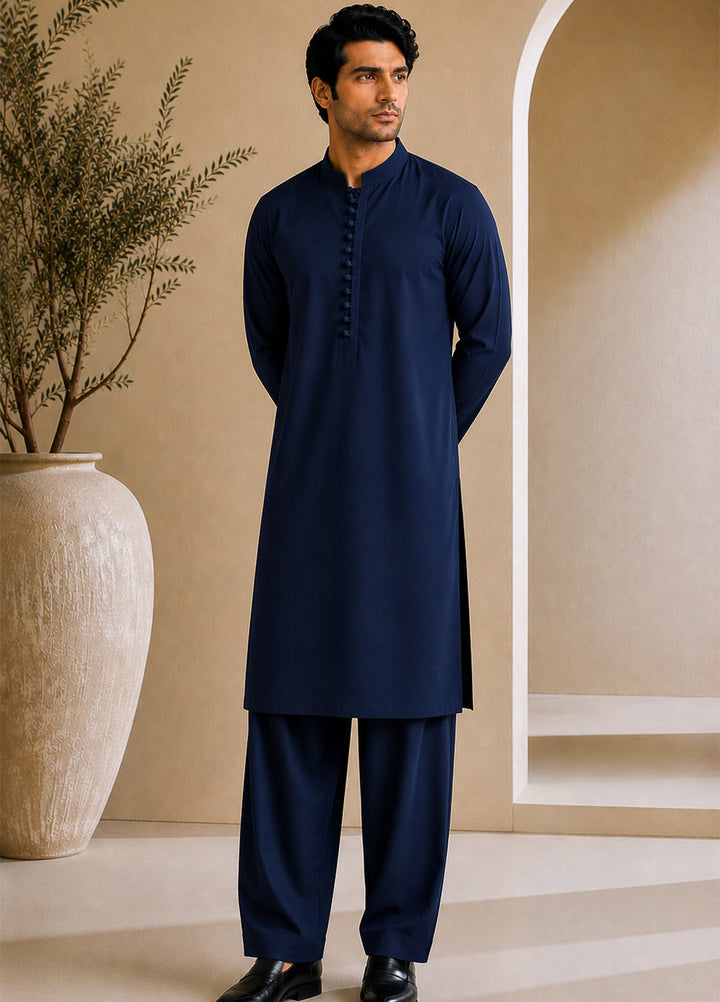 Mazham Mens RTW Solids Cotton 2 Piece Suit Navy Blue Luppi Casual Collection