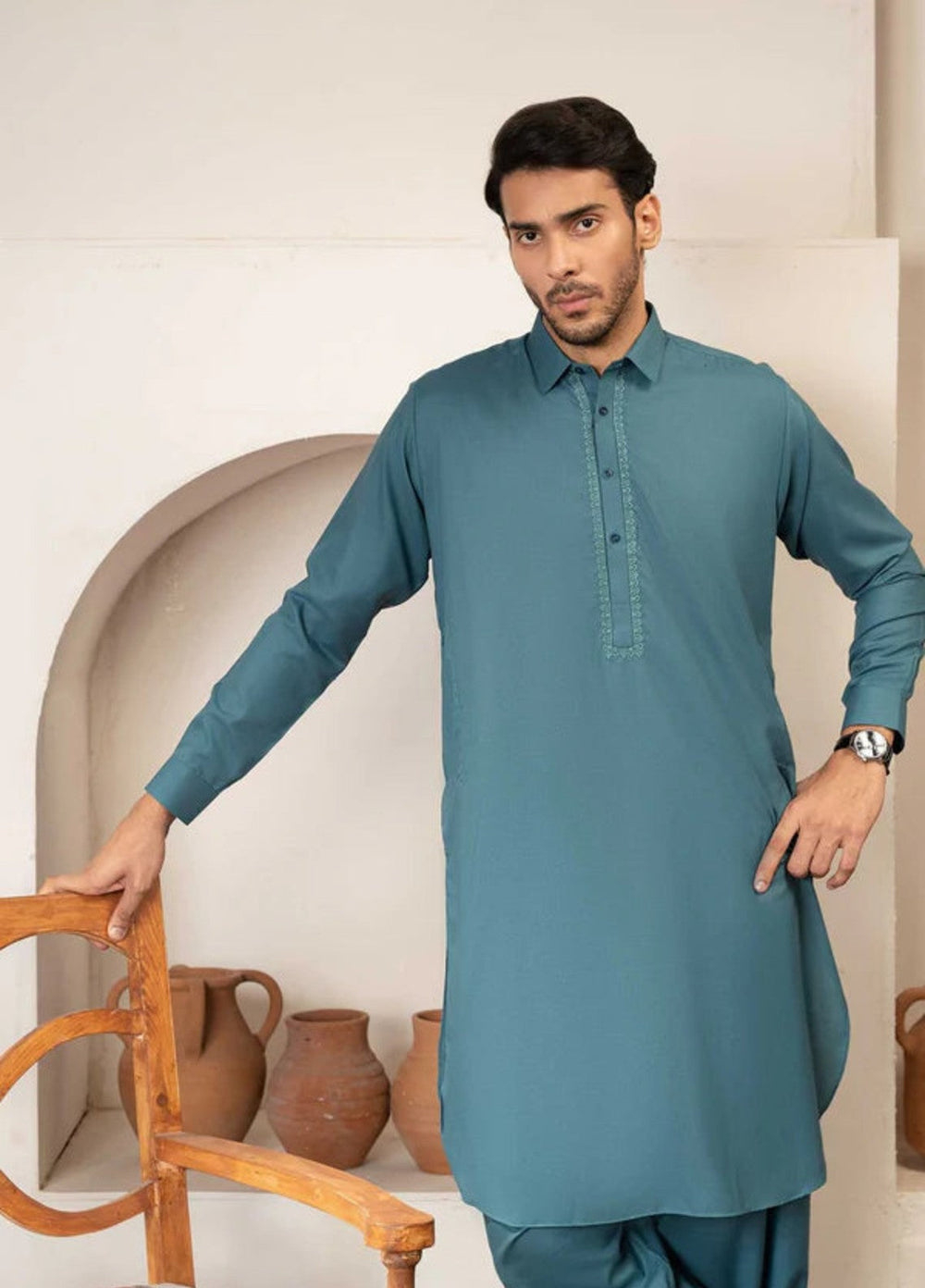 Farmanrawa by Buraq Mens RTW Embroidered Wash N Wear 2 Piece Suit Najeeb Casual Collection