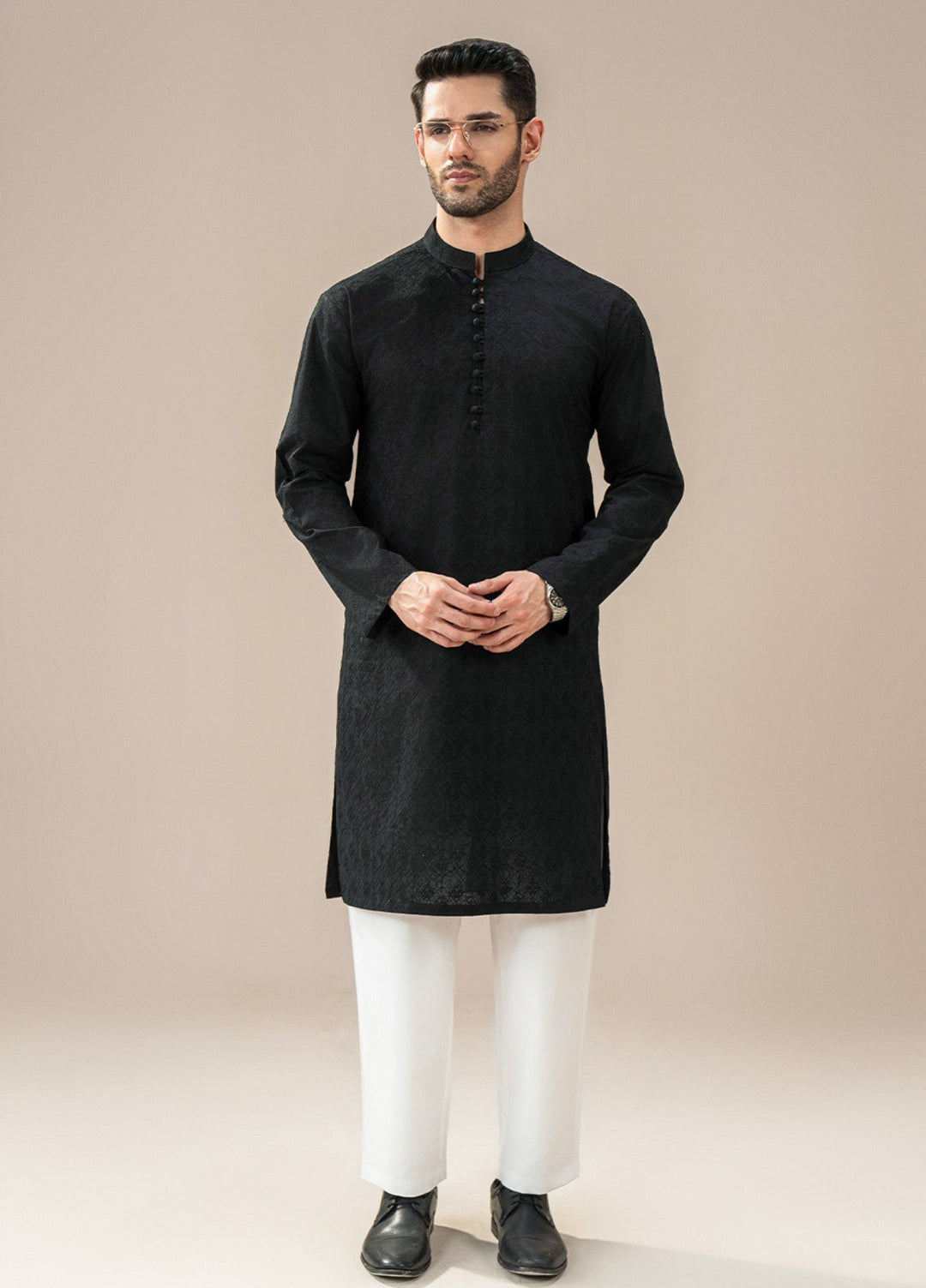 Divinely Crafted Mens RTW Chikankari Cotton 2 Piece Suit Black Chikankari Casual Collection
