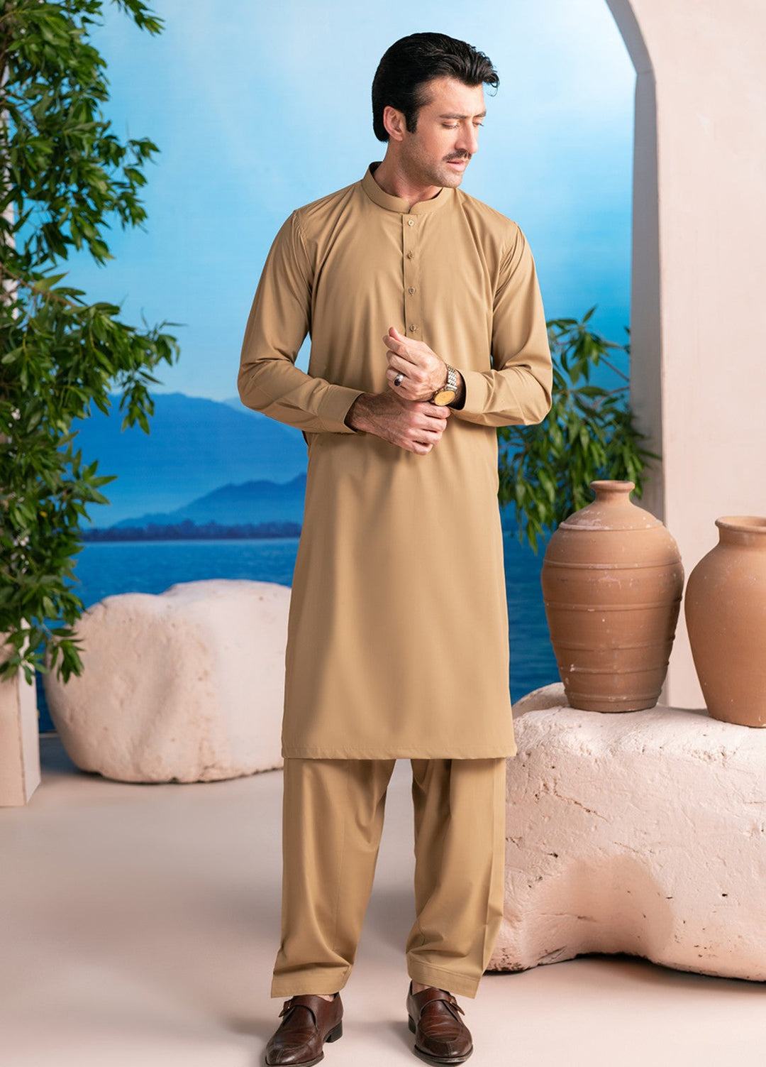 Divinely Crafted Mens RTW Solids Wash N wear 2 Piece Suit Camel Brown Casual Collection